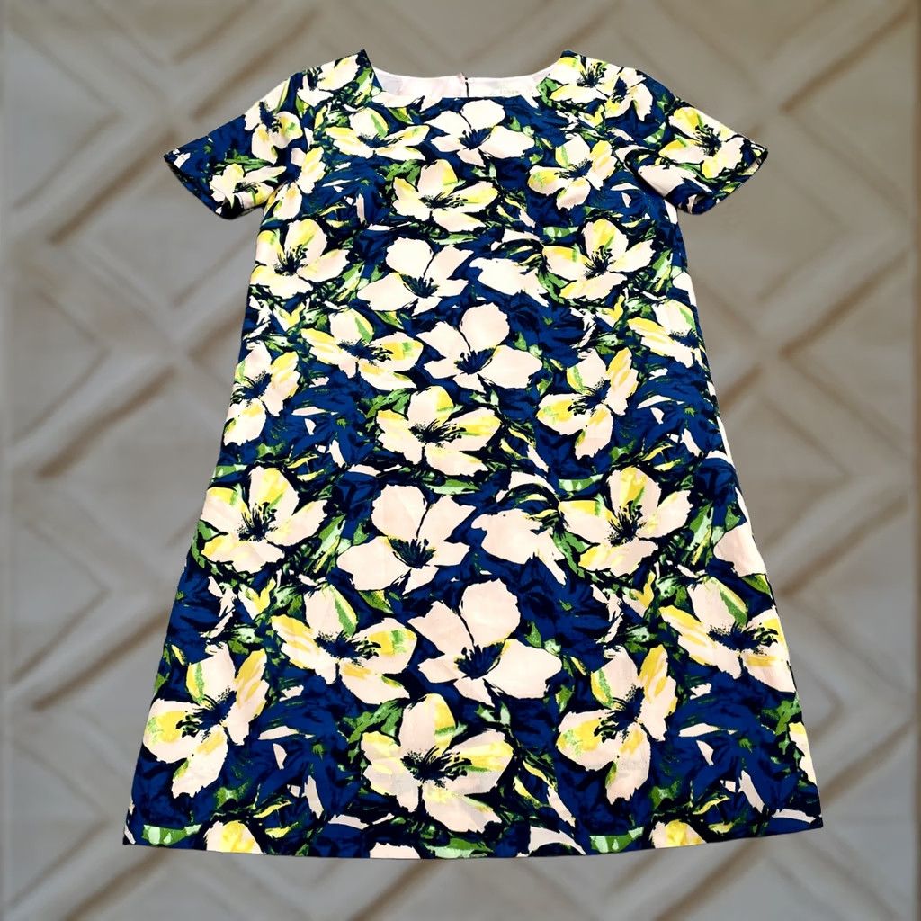 J.Crew J. Crew Floral Shift Midi Dress Womens 00 Blue Lined Short Sleeve Work Casual Size 24" / US 00 / IT 34 - 1 Thumbnail