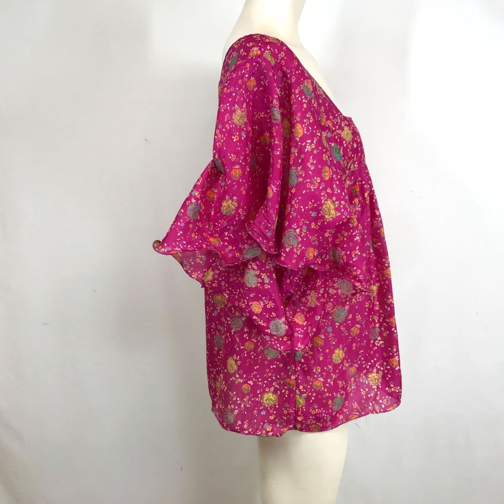 Vintage INDIE ELLA 100% SILK TOP WOMEN'S ONE SIZE PINK SQUARE NECK BUTTERFLY SLEEVES Size ONE SIZE - 4 Thumbnail