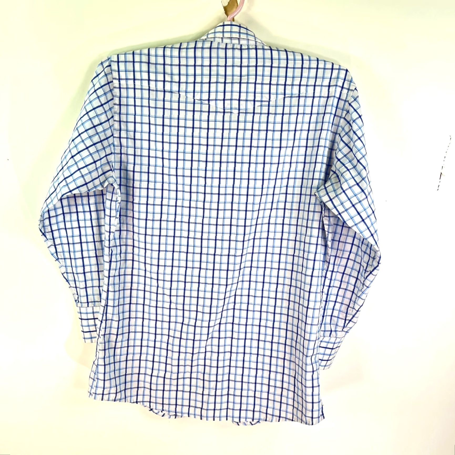 Vintage Panhandle Slim Pearl Snap Checked Button Up Shirt Mens Size M White Blue 15.5/3 Long Sleeve Chest 44 in Button-Up Western Pattern Check Vintage No N/A Size US L / EU 52-54 / 3 - 5 Thumbnail