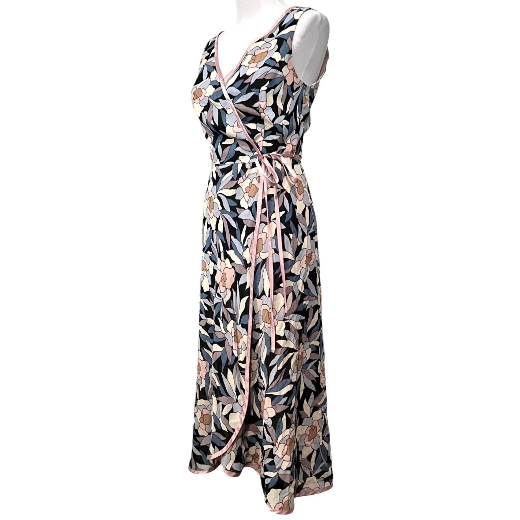 Vintage Vintage Moods Floral Wrap Dress Sleeveless Midi Pink Blue Crepe Size 4 Lined Womens Size S / US 4 / IT 40 - 3 Thumbnail
