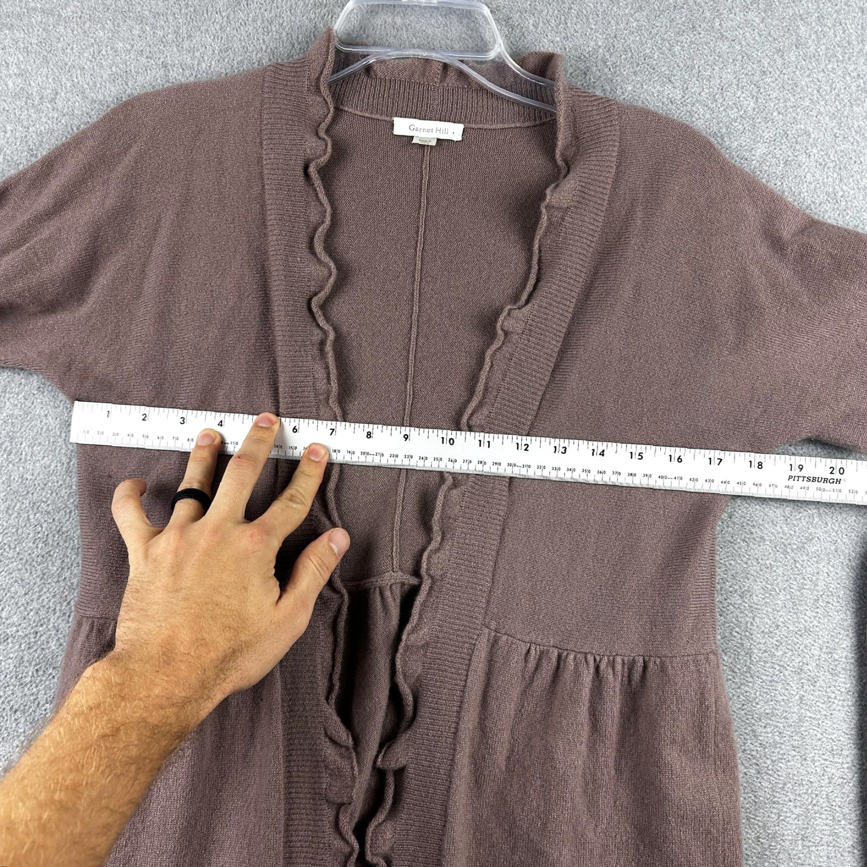 Vintage Garnet Hill Cardigan Sweater Womens Medium Brown 100% Cashmere Open Front Ruffle Knit Slim Long Sleeve Size M / US 6-8 / IT 42-44 - 4 Thumbnail