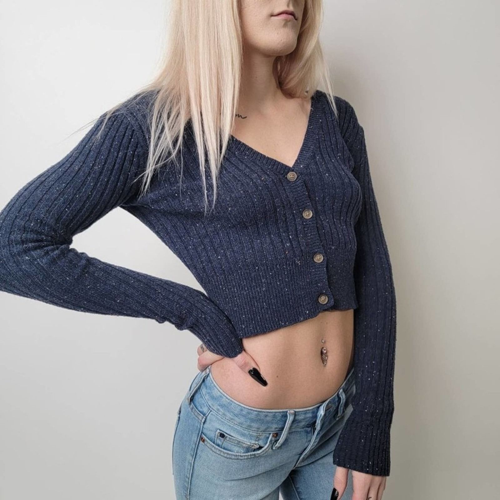 Aeropostale Prince & Fox Navy Cropped Ribbed Knit Cardigan - XS Size XS / US 0-2 / IT 36-38 - 6 Thumbnail