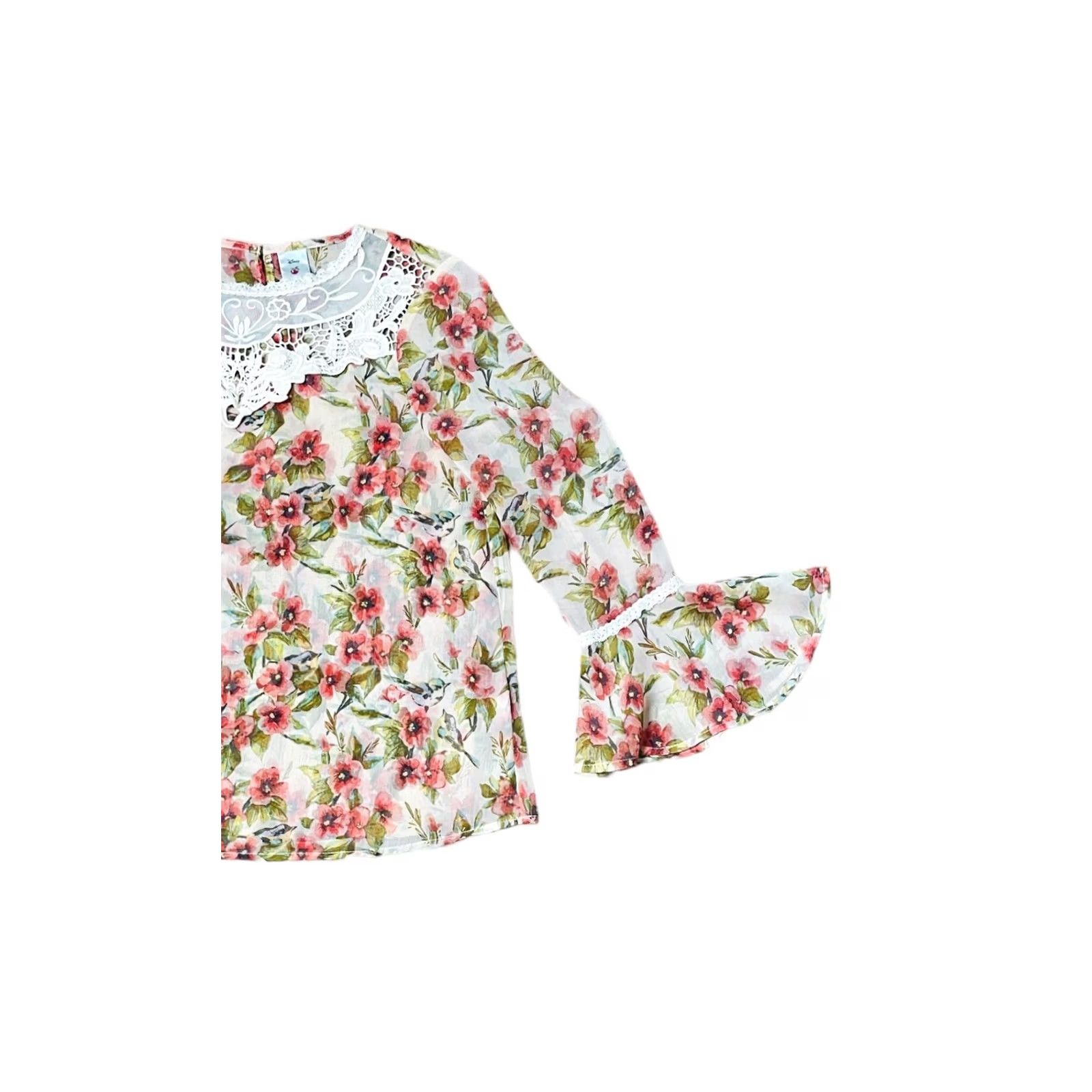 Disney Disney LC Collection Snow White Blouse Womens Small Floral Pink Long Sleeve Balloon Fringe Multicolor Polyester Blend Round Neck Regular Shirt Size S / US 4 / IT 40 - 3 Thumbnail