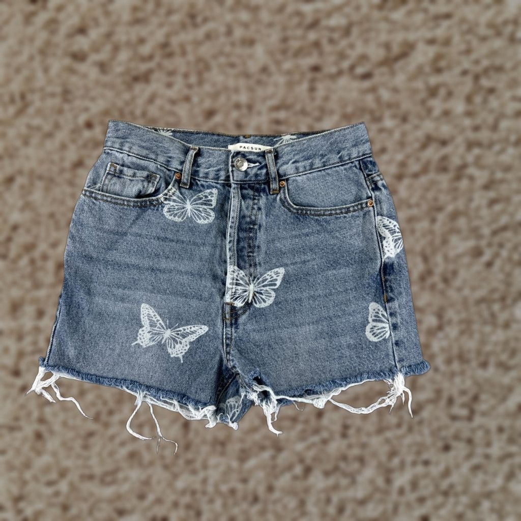 Pacsun Pacsun Shorts Womens 25 Blue Denim Jean Cutoff Butterfly Print Ultra High 24x3 Jeans Shorts Bis Size 42" / US 20 - 1 Thumbnail
