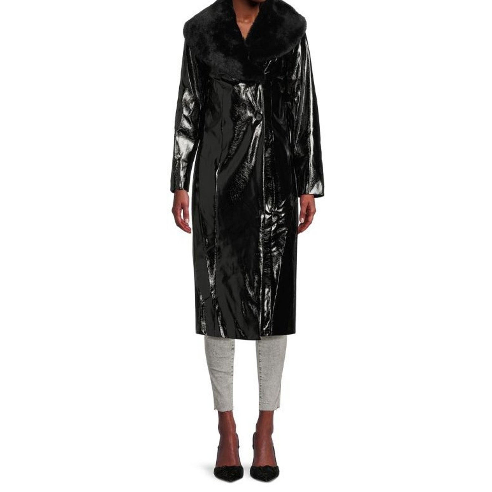 Area NWT Women's Stella Faux Fur & Vinyl Trench Coat,Black,Medium Size M / US 6-8 / IT 42-44 - 2 Thumbnail
