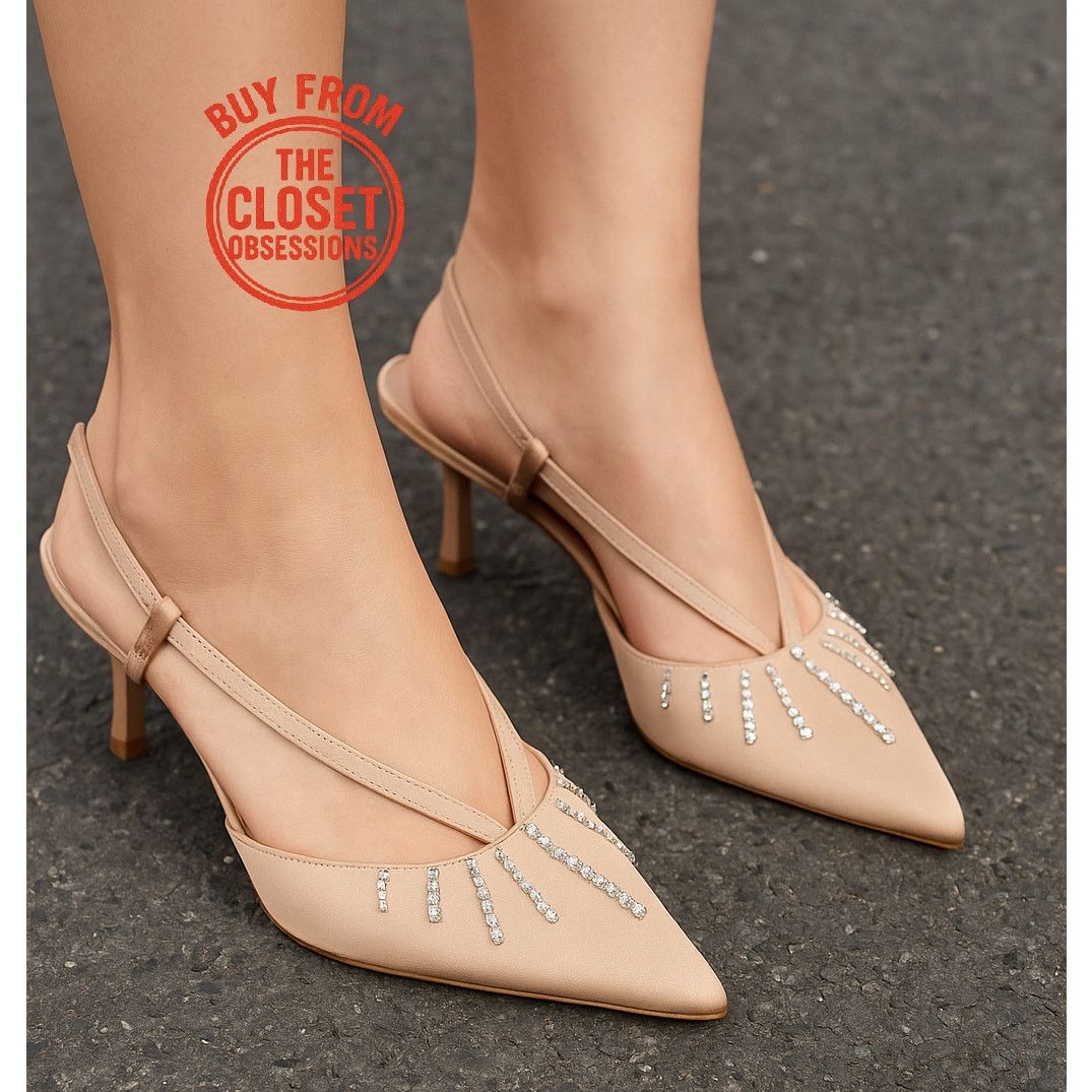 Zara ZARA Beige Rhinestone Slingback Heels NWT Size US 7.5 / IT 37.5 - 1 Thumbnail