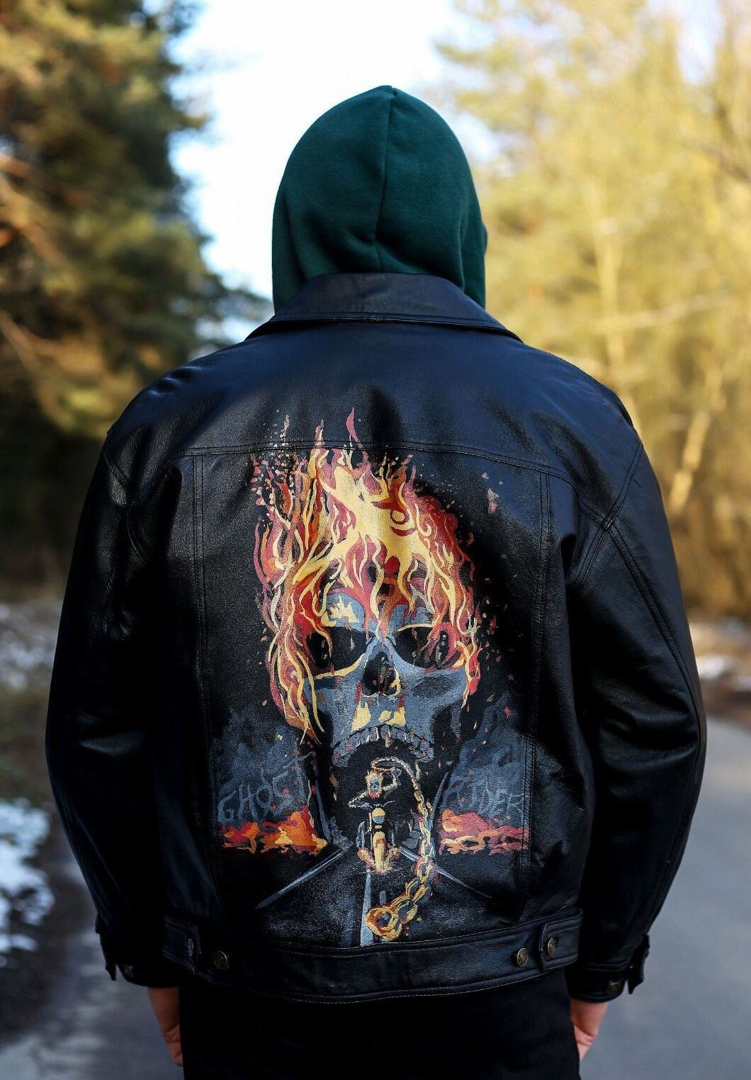 Arizona Jean Co. Leather Jacket Black Original hand painted Ghost Rider Size US L / EU 52-54 / 3 - 6 Thumbnail