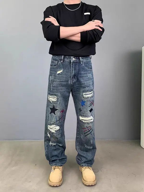 VIBE Street embroidered hip-hop loose casual ripped jeans Size US 32 / EU 48 - 7 Thumbnail
