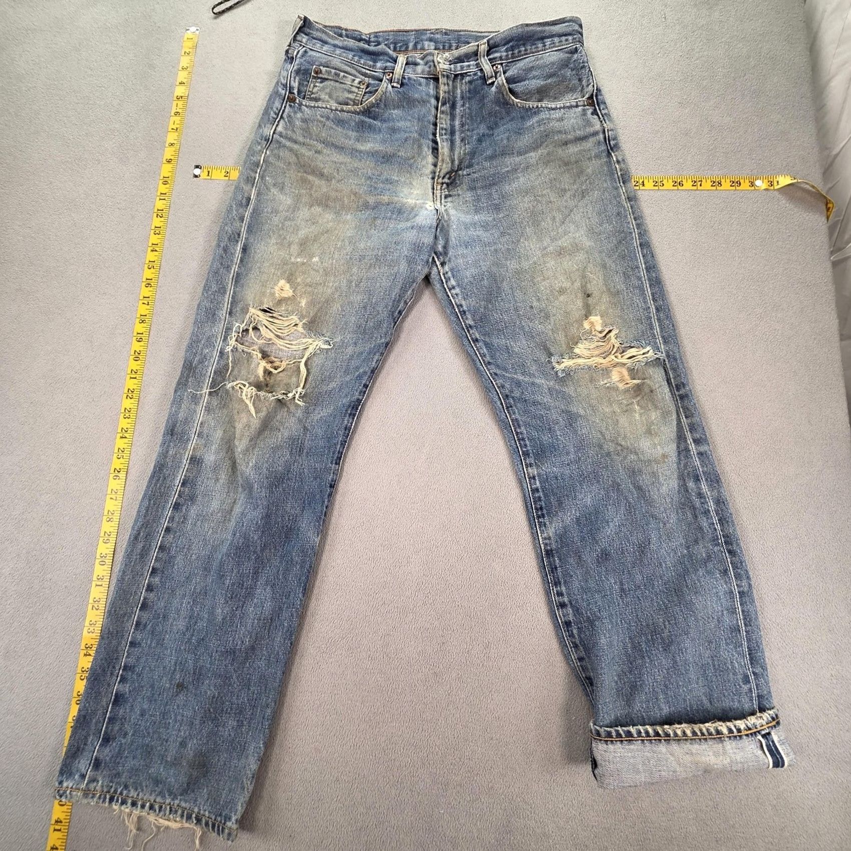 Levi's VTG Levis 501 Jeans Mens Blue Distressed Selvedge Japan 31x30 Denim Cotton Zip Straight Size US 31 - 2 Thumbnail