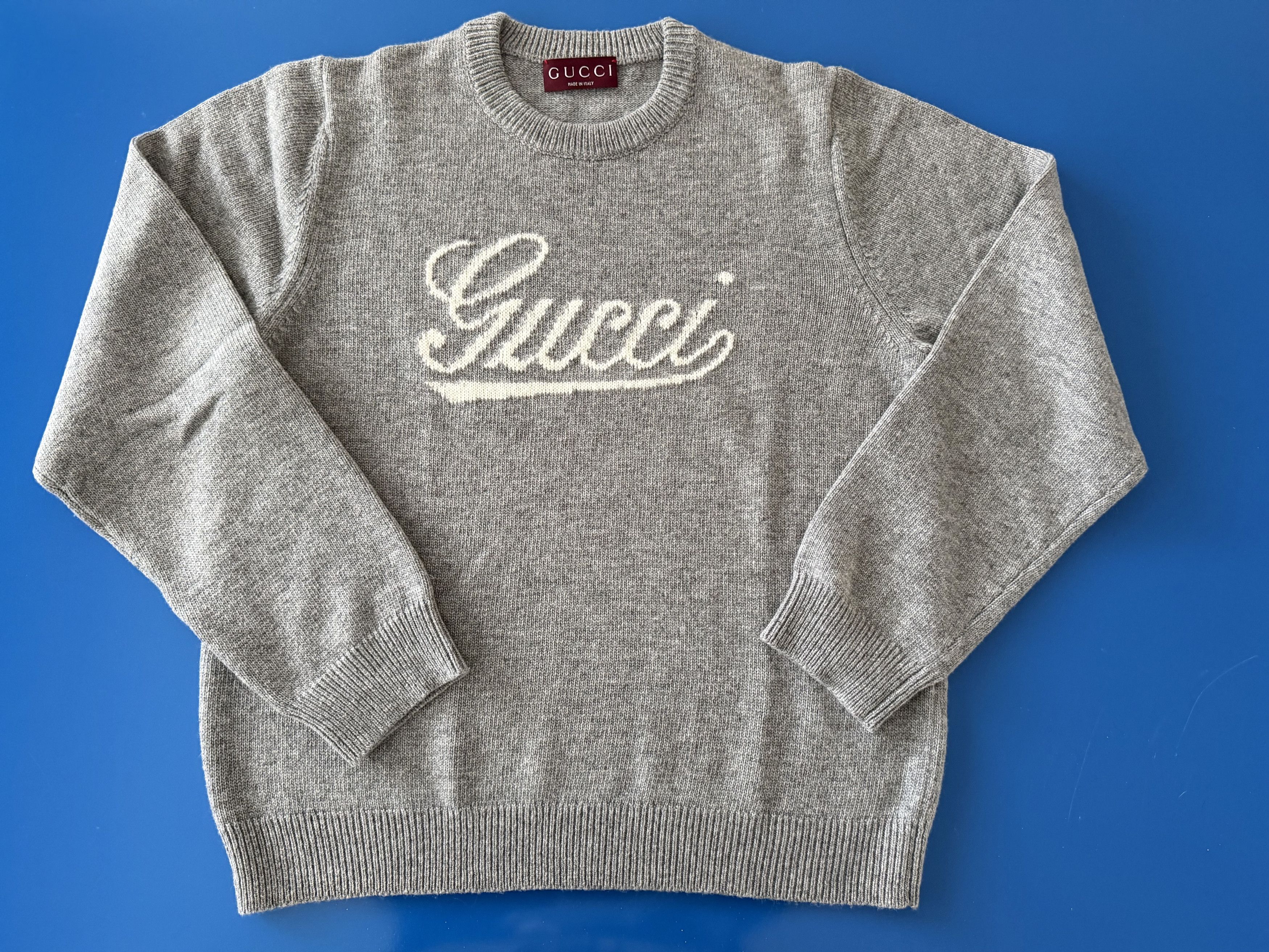 Gucci Gucci Logo Intarsia Wool Sweater – Grey Mélange – Size L Size US L / EU 52-54 / 3 - 1 Thumbnail
