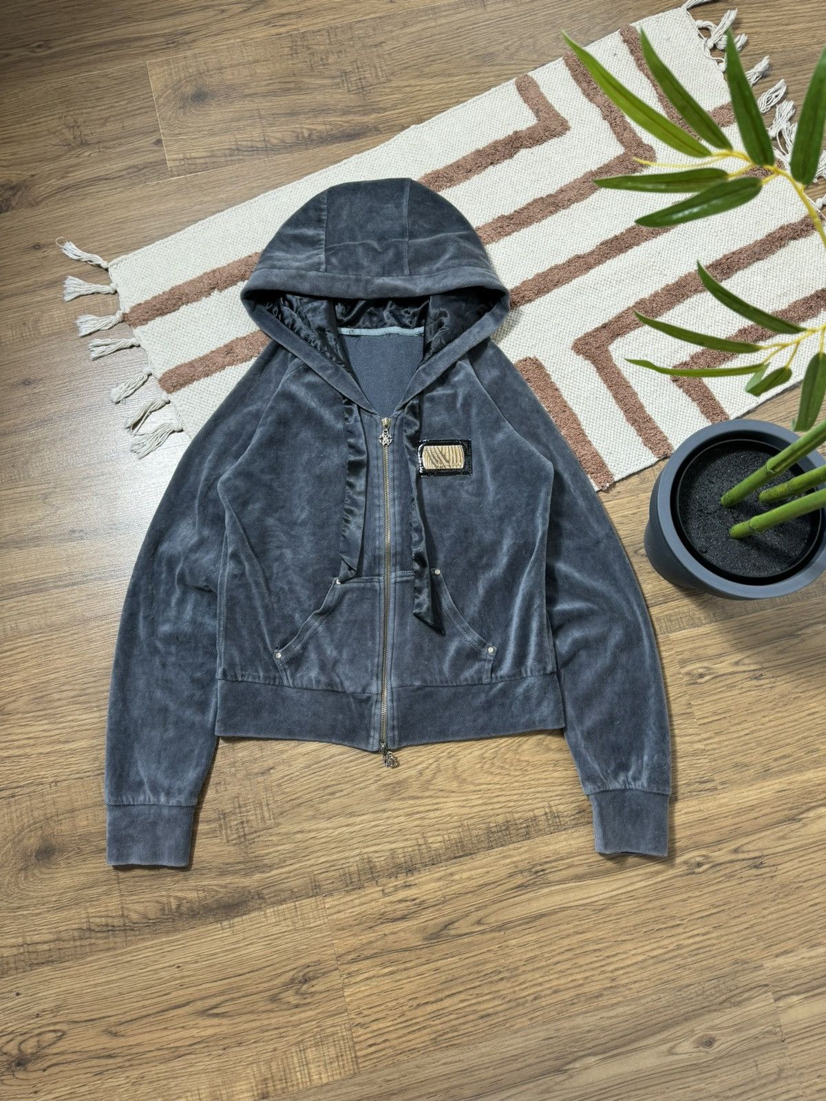 image of Just Cavalli x Roberto Cavalli Vintage Roberto Cavalli Velour Zip Hoodie in Grey, Women's (Size Med