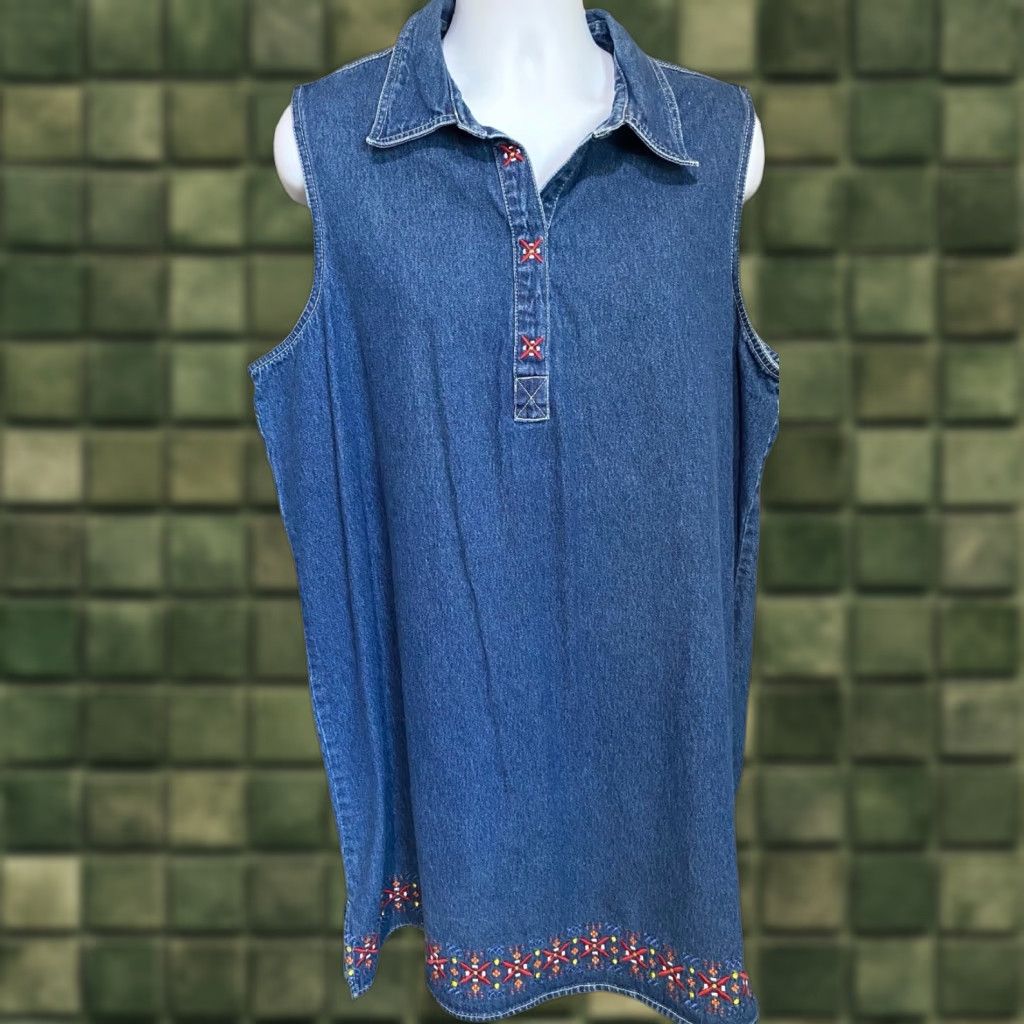 VINTAGE Carolina Blues Denim Jumper Dress Cottagecore Plus Size 24W Sleeveless Retro Y2K Denim Jumper Dress Blue Cotton Long Dress Womens