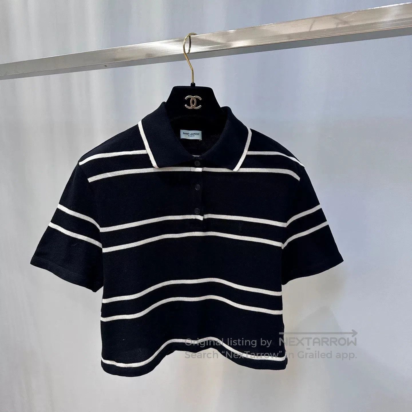 Saint Laurent Paris Saint Laurent Striped Cropped Polo Shirt. Size M / US 6-8 / IT 42-44 - 1 Thumbnail