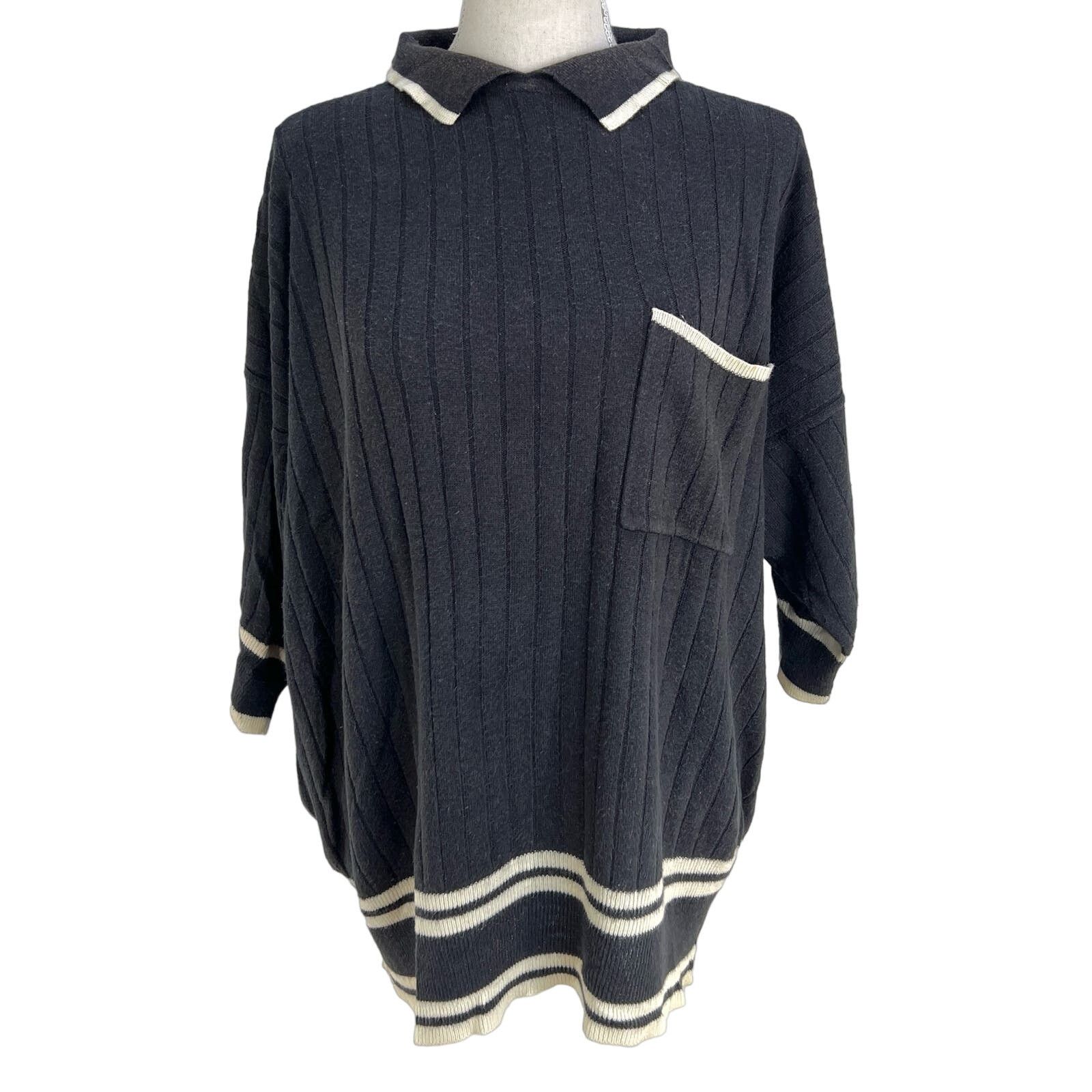 Vintage Vintage Knit Lucca Top Black Ribbed Pullover Polo Sweater Size L / US 10 / IT 46 - 1 Thumbnail