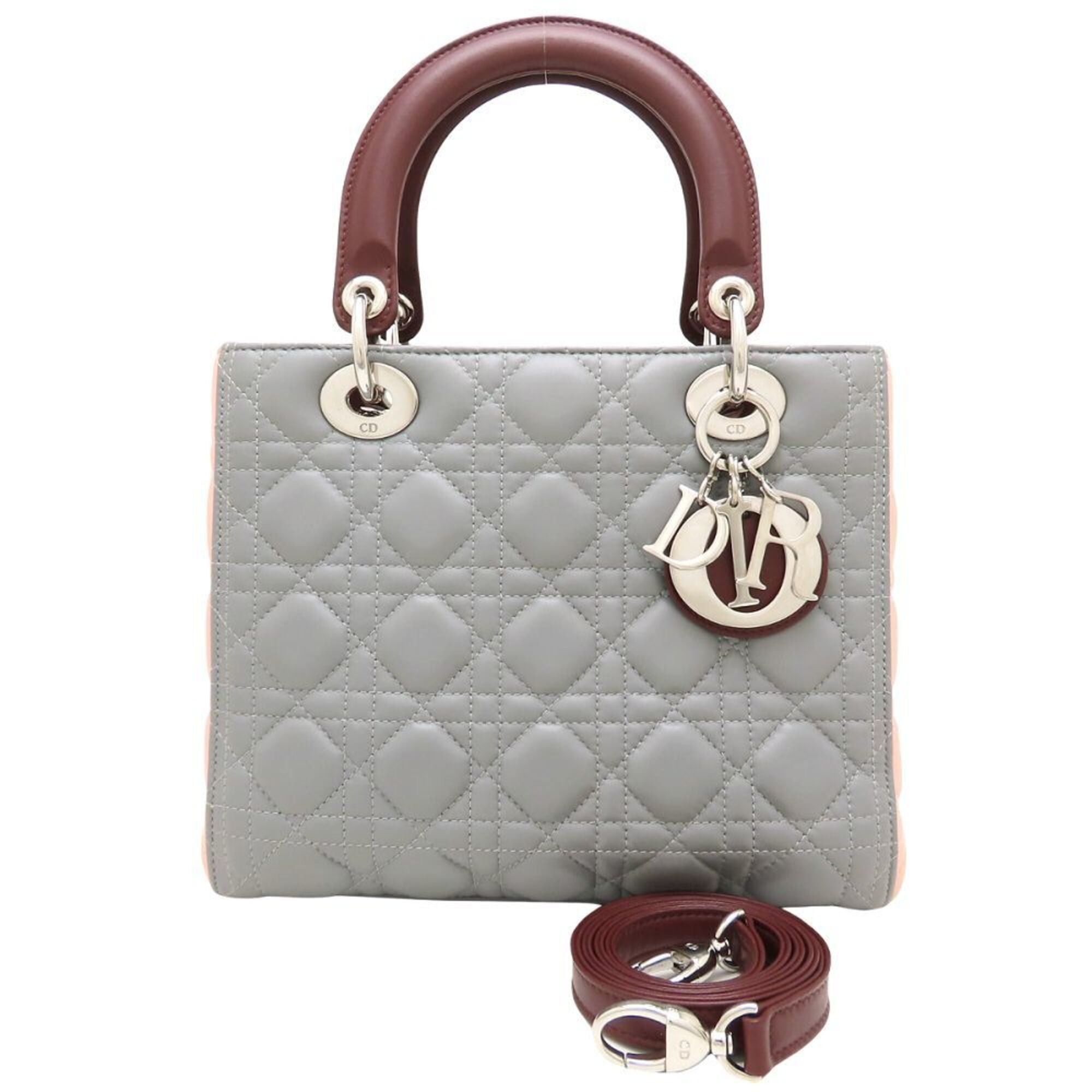 Dior Christian Dior Lady Medium Cannage Tricolor Handbag, Leather, Gray, Pink, Burgundy, Women's, 353277 Size ONE SIZE - 1 Thumbnail