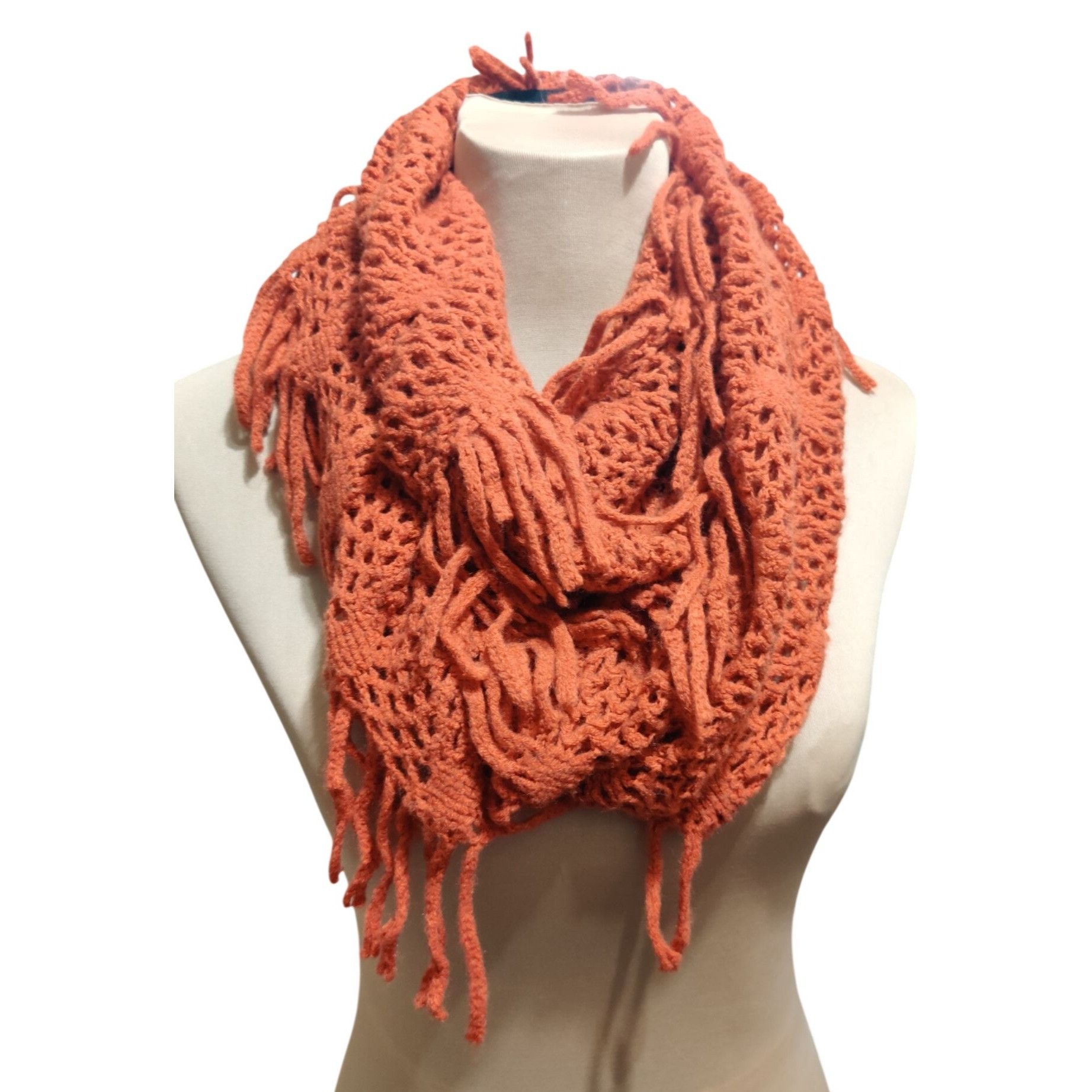 Other Rust Crochet Infinity Scarf Open Weave Fringe Loop Boho Dese Size ONE SIZE - 1 Thumbnail