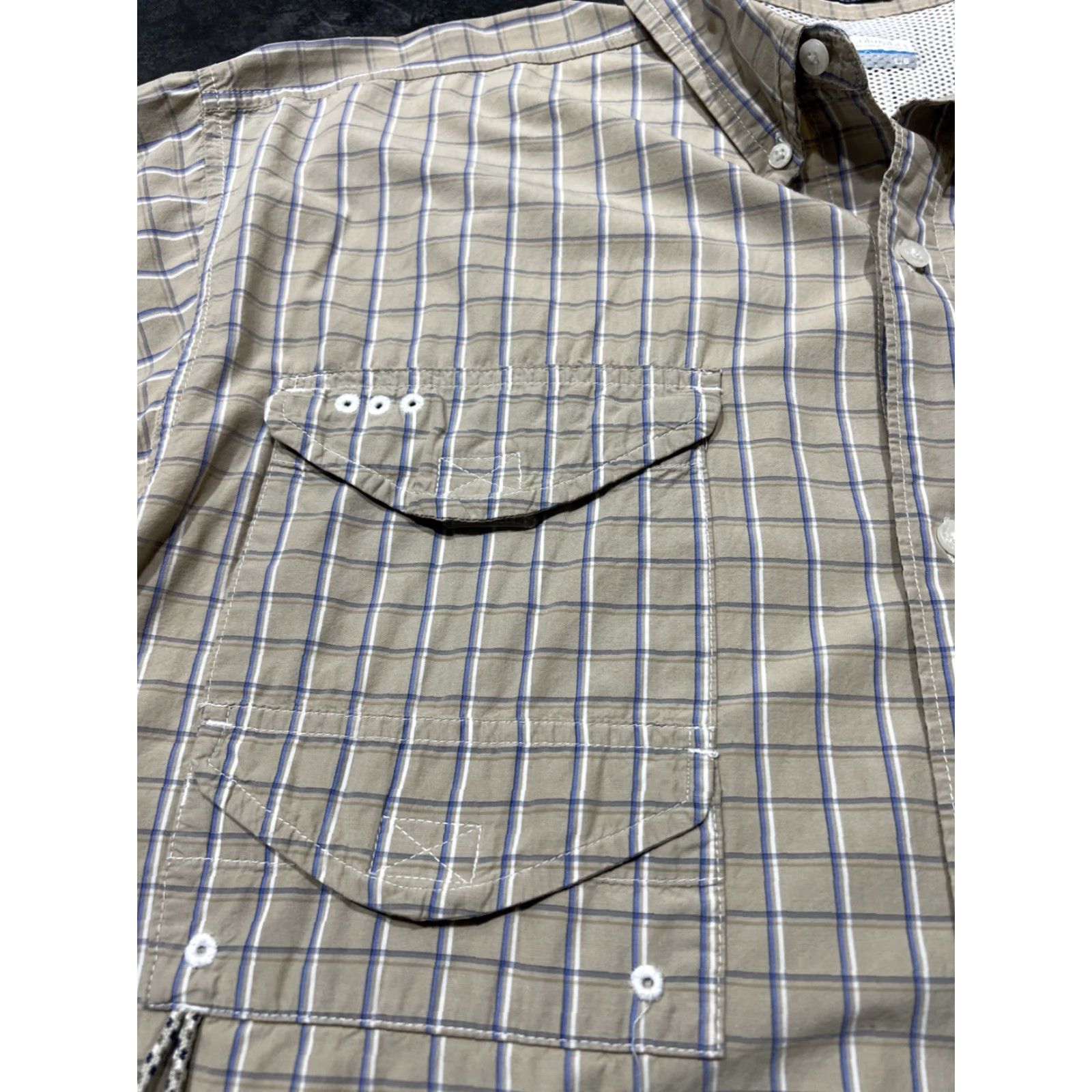 Vintage Columbia PFG Omni-Shade Bonehead Shirt Mens Large Plaid Short Sleeve Beige Cotton Polyester Outdoorsman UV Breathable Fishing Vented Pocketed Size US L / EU 52-54 / 3 - 4 Thumbnail