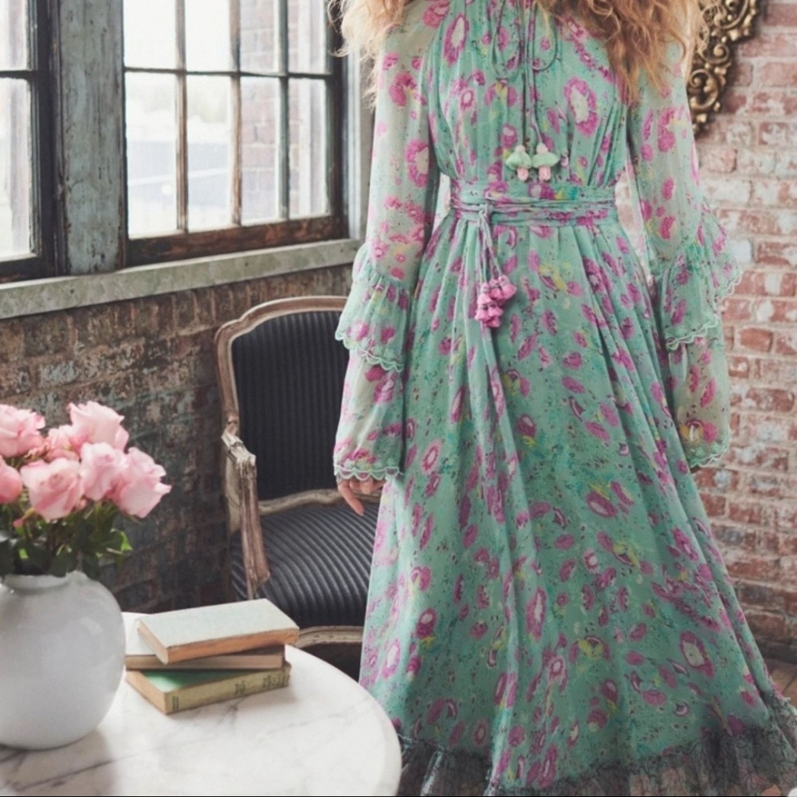 Hemant & Nandita NWT Hemant & Nandita Hera Long Green Floral Dress Size M / US 6-8 / IT 42-44 - 3 Thumbnail