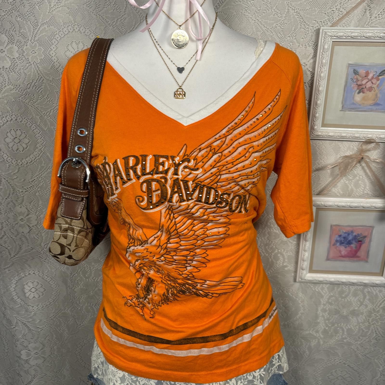 Harley Davidson y2k harley davidson orange rhinestone t-shirt Size M / US 6-8 / IT 42-44 - 2 Thumbnail