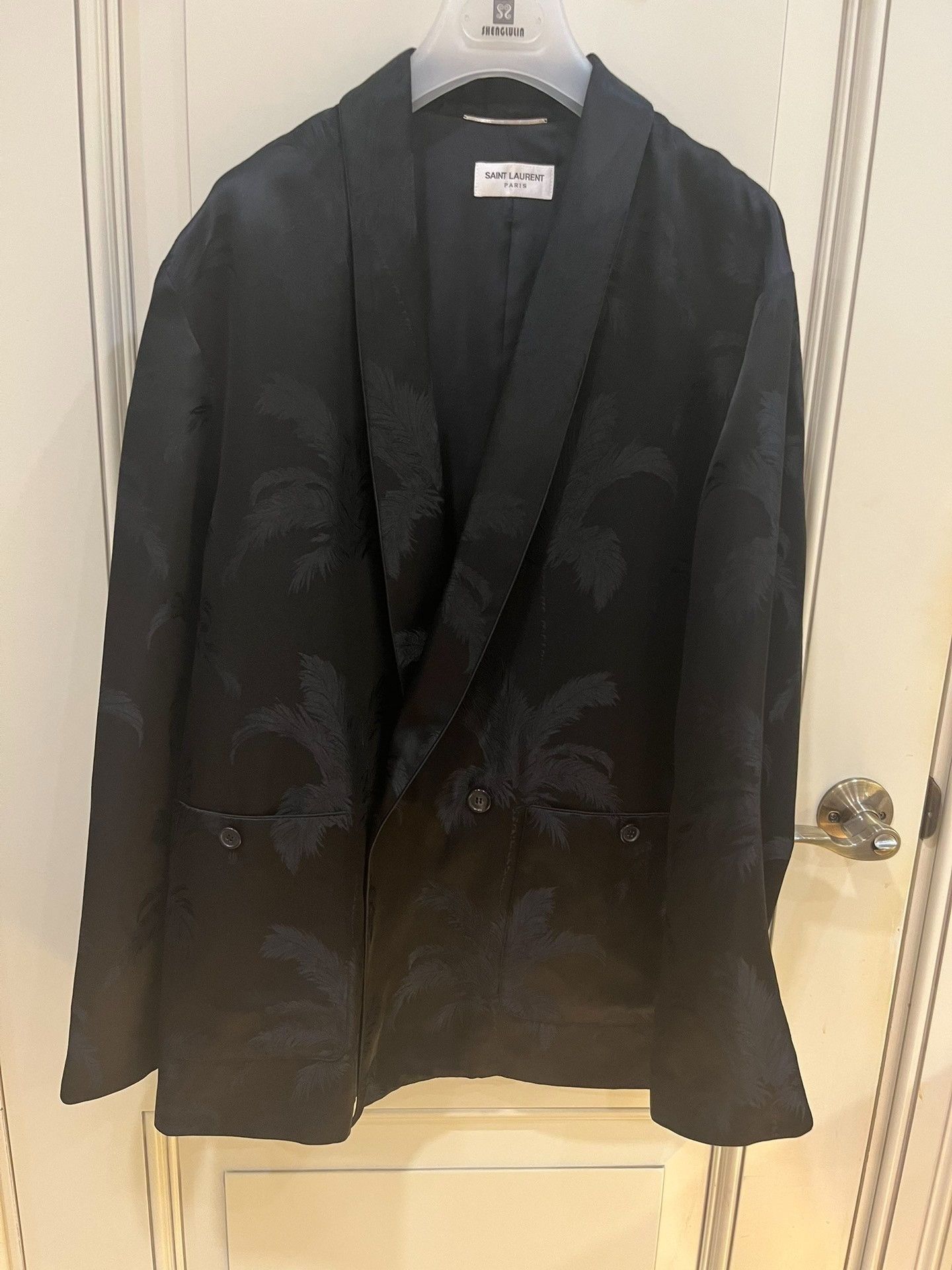 Saint Laurent Paris Saint Laurent Black Palm Jacquard Silk Blazer Size US M / EU 48-50 / 2 - 2 Thumbnail