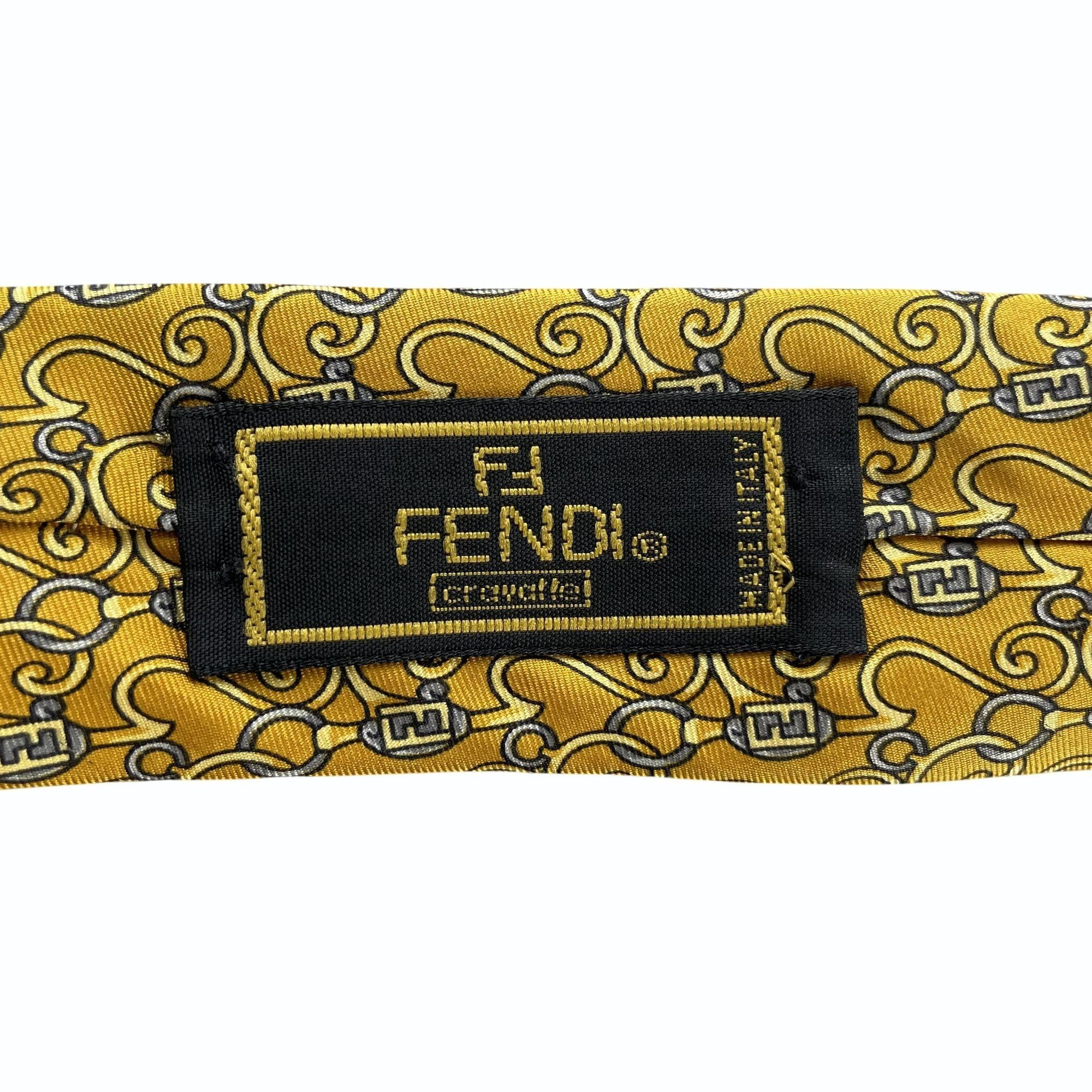 Fendi Fendi Monogram Scroll Pattern Gold & Gray Silk Tie Size ONE SIZE - 2 Thumbnail