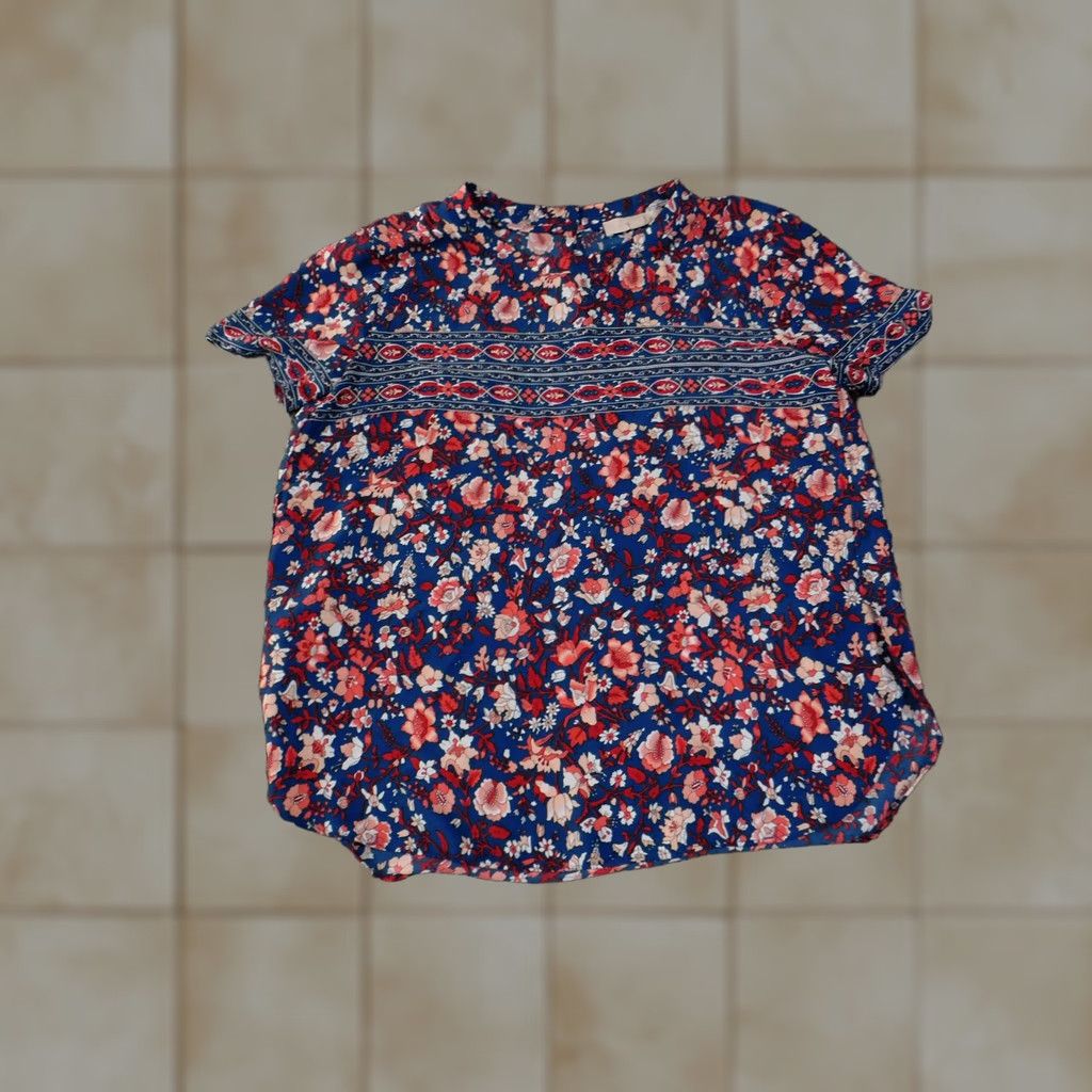 Ann Taylor Loft Blouse Womens M Blue Red Floral Boho Short Sleeve Lightweight Top Size M / US 6-8 / IT 42-44 - 1 Thumbnail