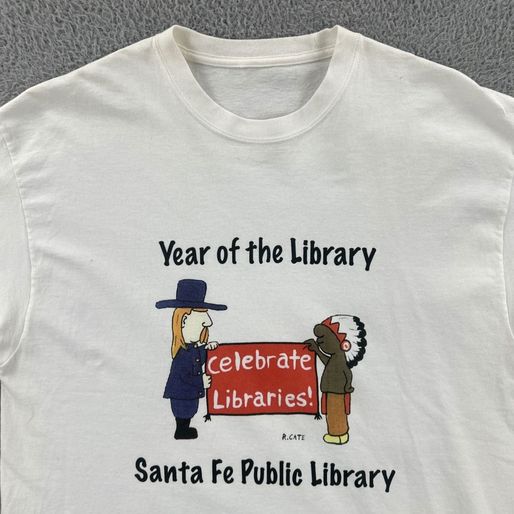 Vintage VINTAGE Mens XL White R. Cate New Mexico Cartoonist Santa Fe NM Public Library Day Tee Size US XL / EU 56 / 4 - 5 Thumbnail