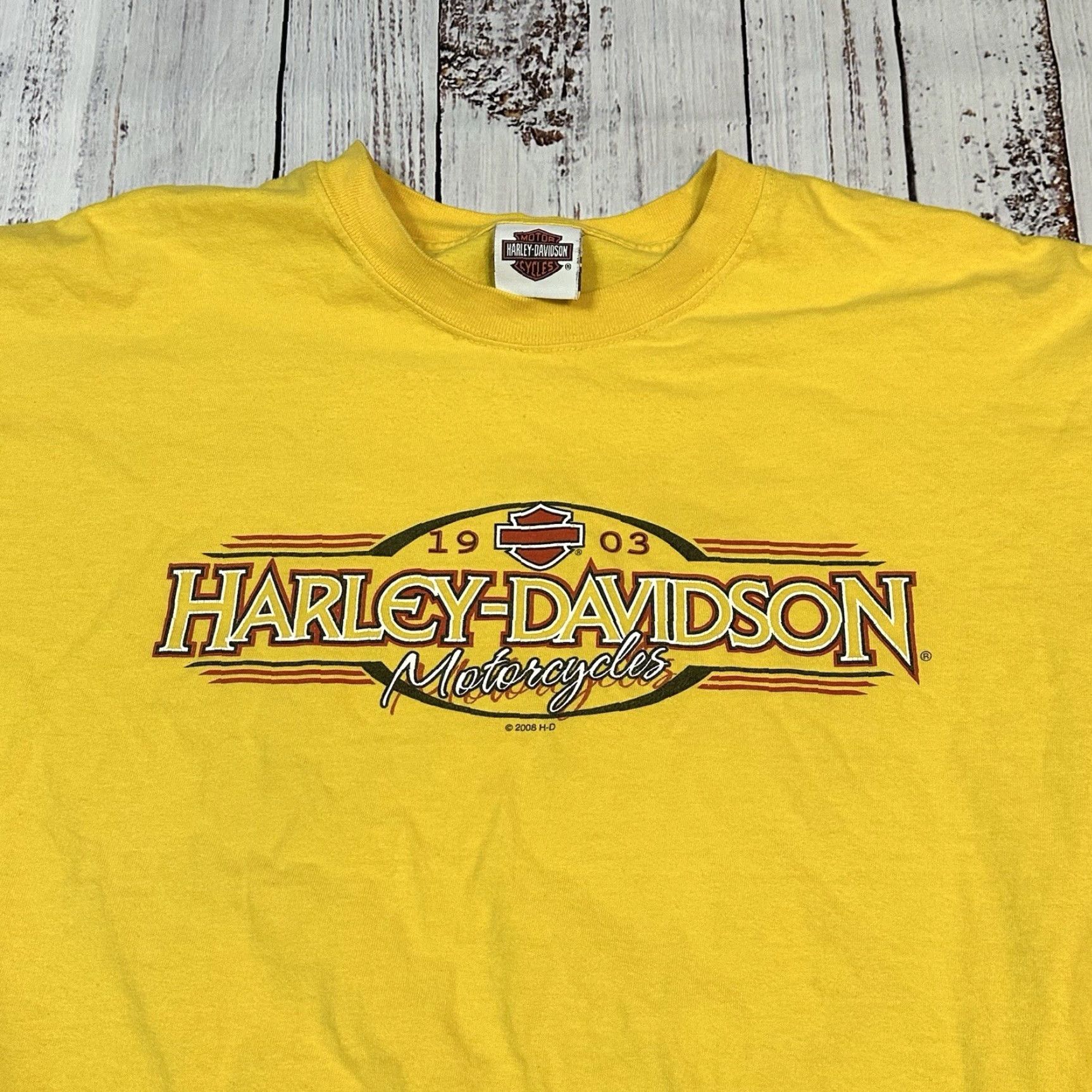 Harley Davidson Harley-Davidson American Legend Tee Shirt Mens 3XL Yellow Pinup Girl in Mines with Pick Ax USA Made 2008 Size US XXL / EU 58 / 5 - 4 Thumbnail