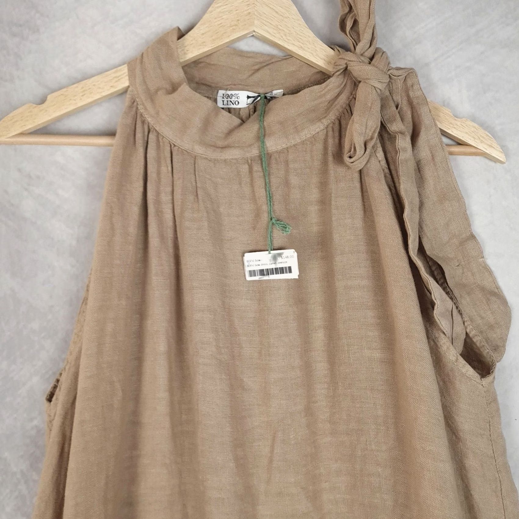 Vintage 100% Lino Dress Womens One Size Halter Maxi Linen Tie Bow Beach Boho Swing Casual Size ONE SIZE - 6 Thumbnail