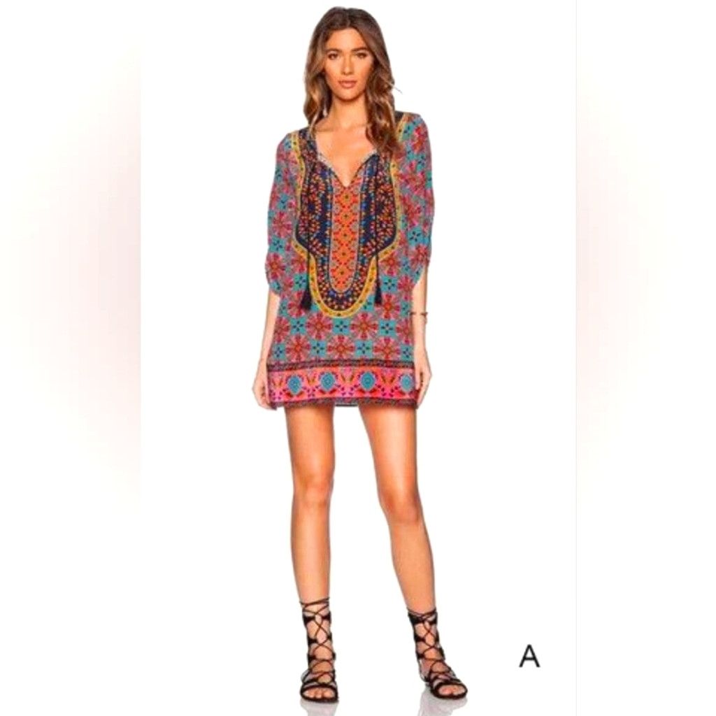 Other EUC Bohemian Neck Tie Ethnic Style Kaftan Shift Dress Size L / US 10 / IT 46 - 1 Thumbnail