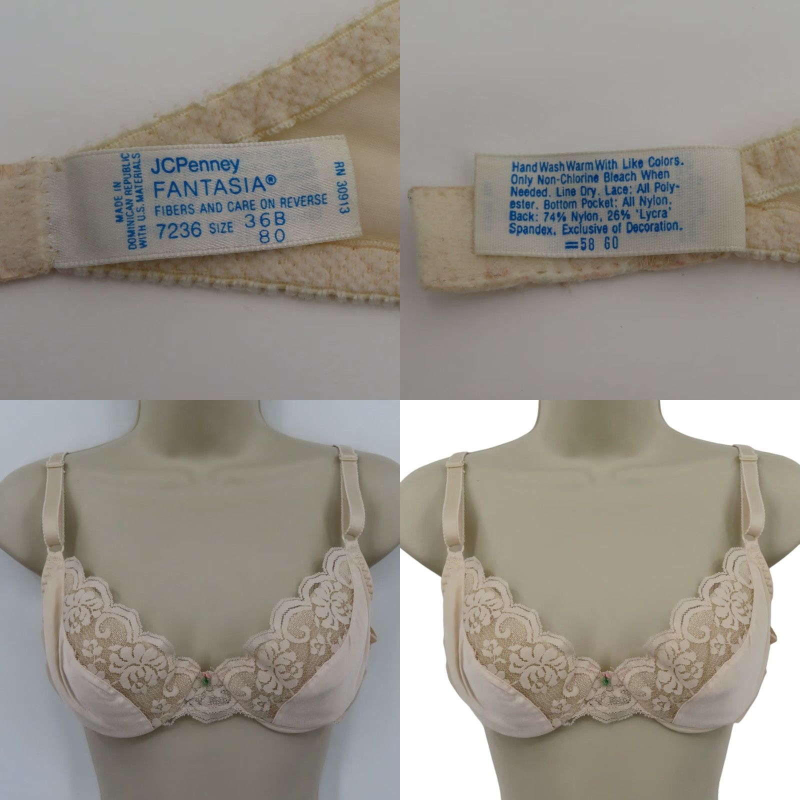 JCPenney VINTAGE J. C. Penney Fantasia Bra 36B Cream Underwire Lined Lace Satin Rosette 7236 Womens Size ONE SIZE - 9 Thumbnail