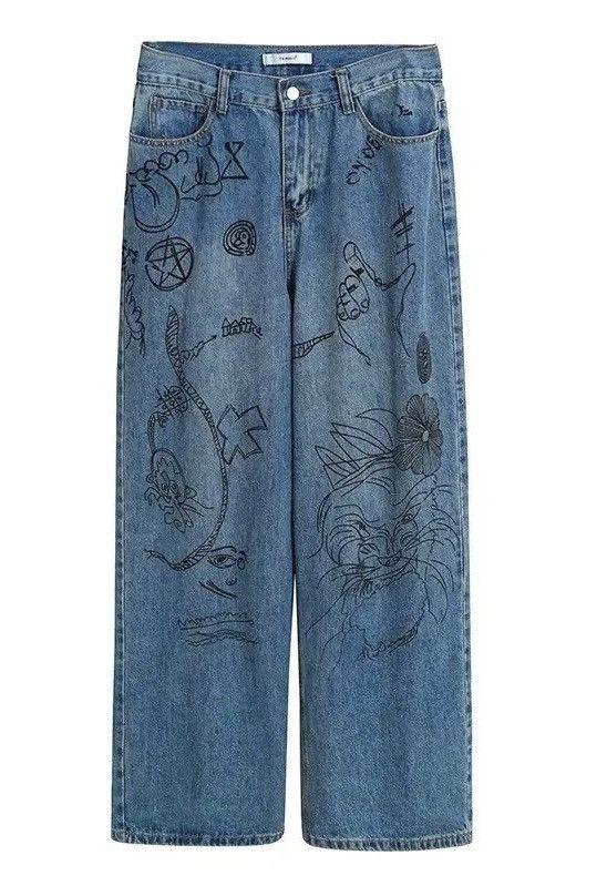 Jean × Vintage Men Printed Blue Hippie Jeans Size US 31 - 2 Thumbnail