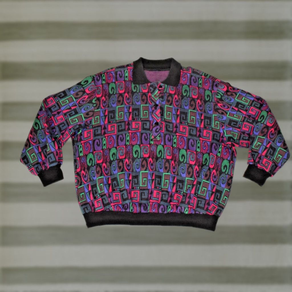 VINTAGE Unbranded Sweatshirt Shirt M/L 80s Neon Swirls Black 50