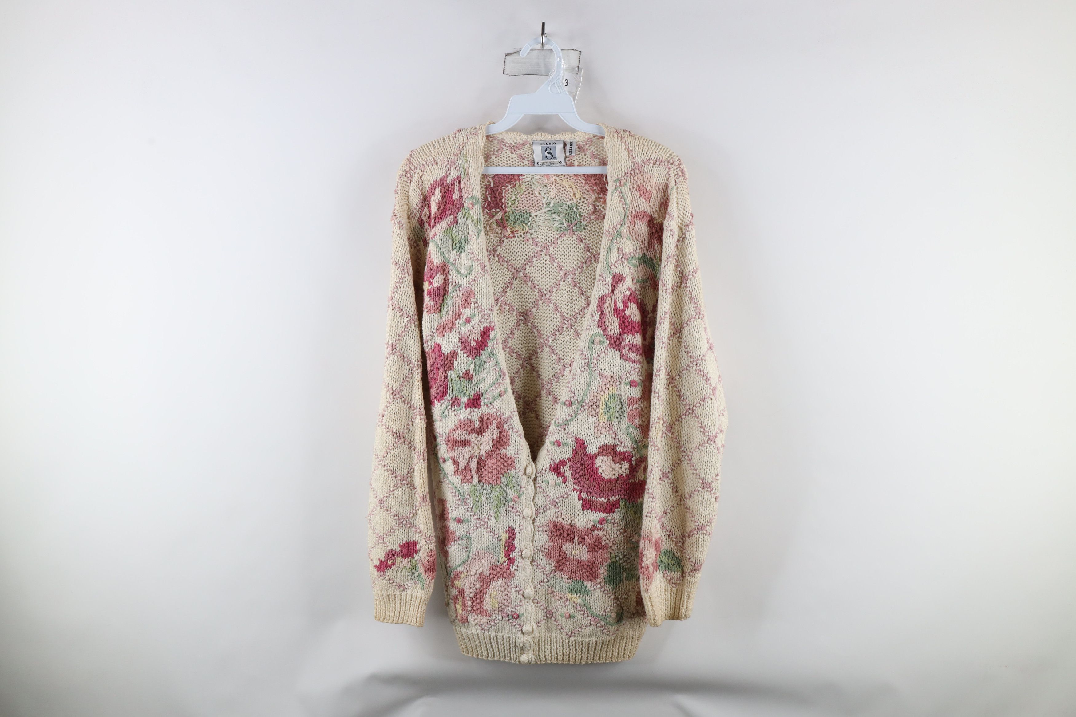 Vintage Vintage 90s Country Primitive Knit Flower Cardigan Sweater Size M / US 6-8 / IT 42-44 - 1 Thumbnail