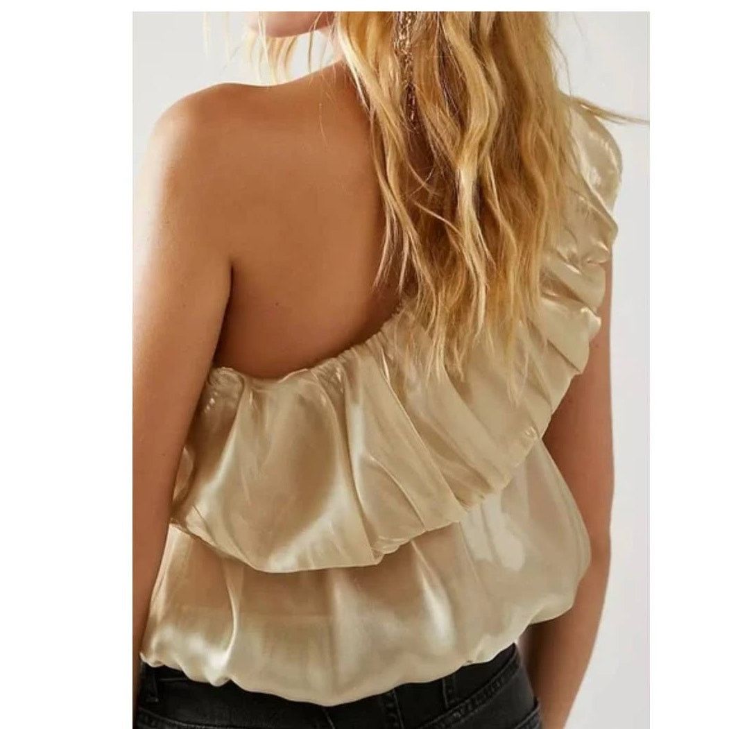 Free People FP Rosetta Top $78 X-SMALL Gold SHEER One-Shoulder Shimmery Size XS / US 0-2 / IT 36-38 - 4 Thumbnail
