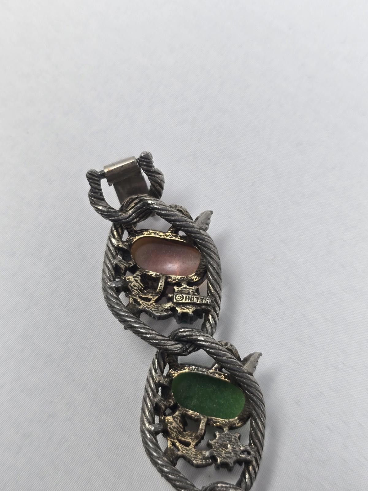 Chalk Line Selini 1960s Silver Tone Bracelet Green Red Cab Vintage Size ONE SIZE - 2 Thumbnail
