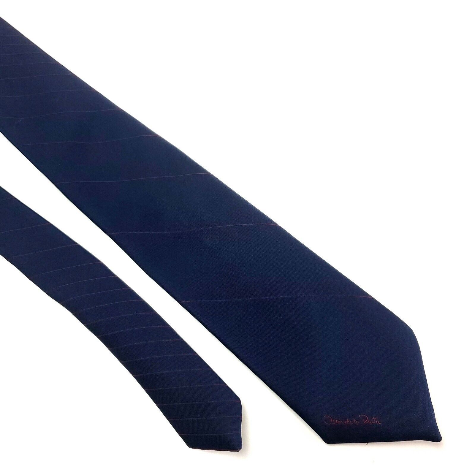 Oscar De La Renta Oscar De La Renta Polyester Tie Blue Striped Short Skinny Size ONE SIZE - 1 Thumbnail