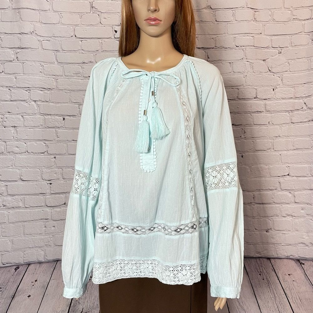 Chicos NWT New Chico's Mint Cotton Crochet Trim Tassel Long Sleeve Size XL / US 12-14 / IT 48-50 - 2 Thumbnail