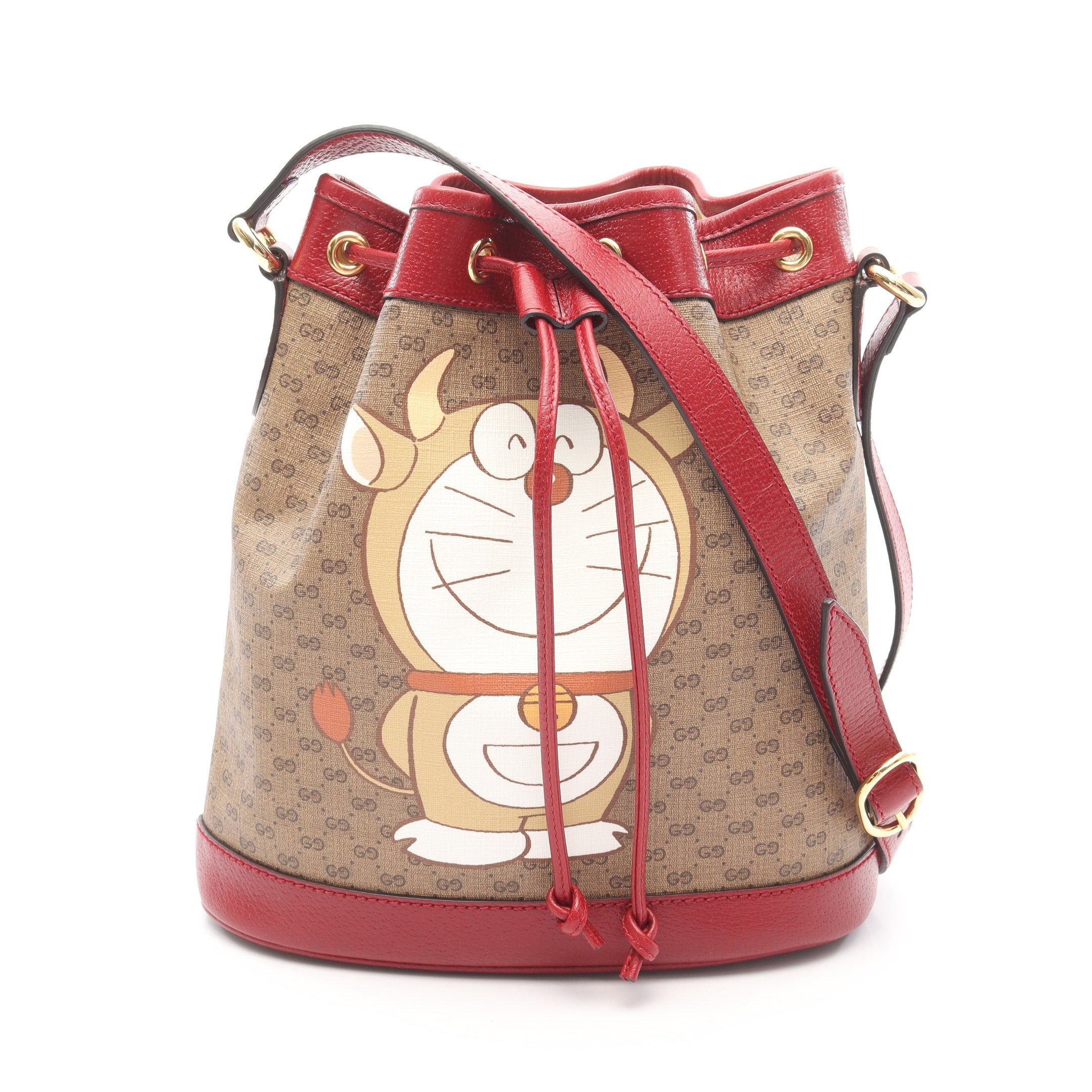 Gucci Gucci Doraemon Micro GG Supreme Small Bucket Bag Shoulder Leather Red Brown Purse, Women's