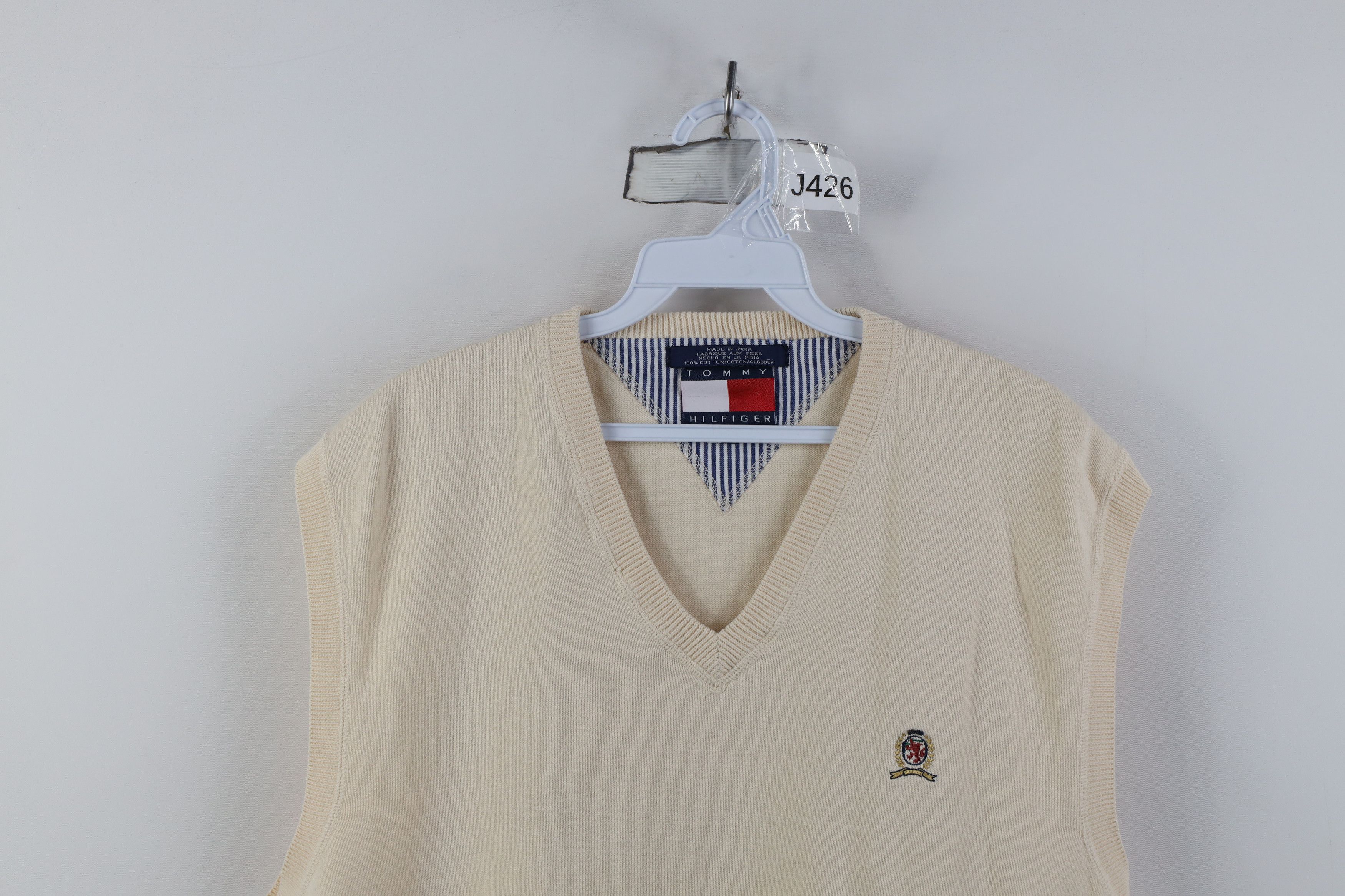 Tommy Hilfiger Vintage 90s Tommy Hilfiger Knit V-Neck Sweater Vest Beige Size US XL / EU 56 / 4 - 2 Thumbnail