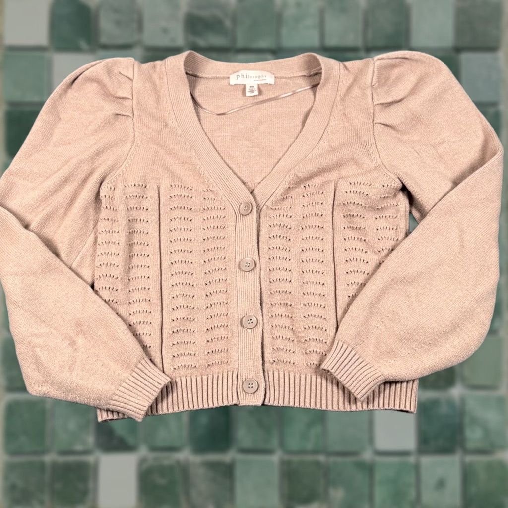 Vintage Philosophy Beige Puff Sleeve Cardigan Women's Knit Button Front Open-Knit M Medium Fall Size M / US 6-8 / IT 42-44 - 1 Thumbnail