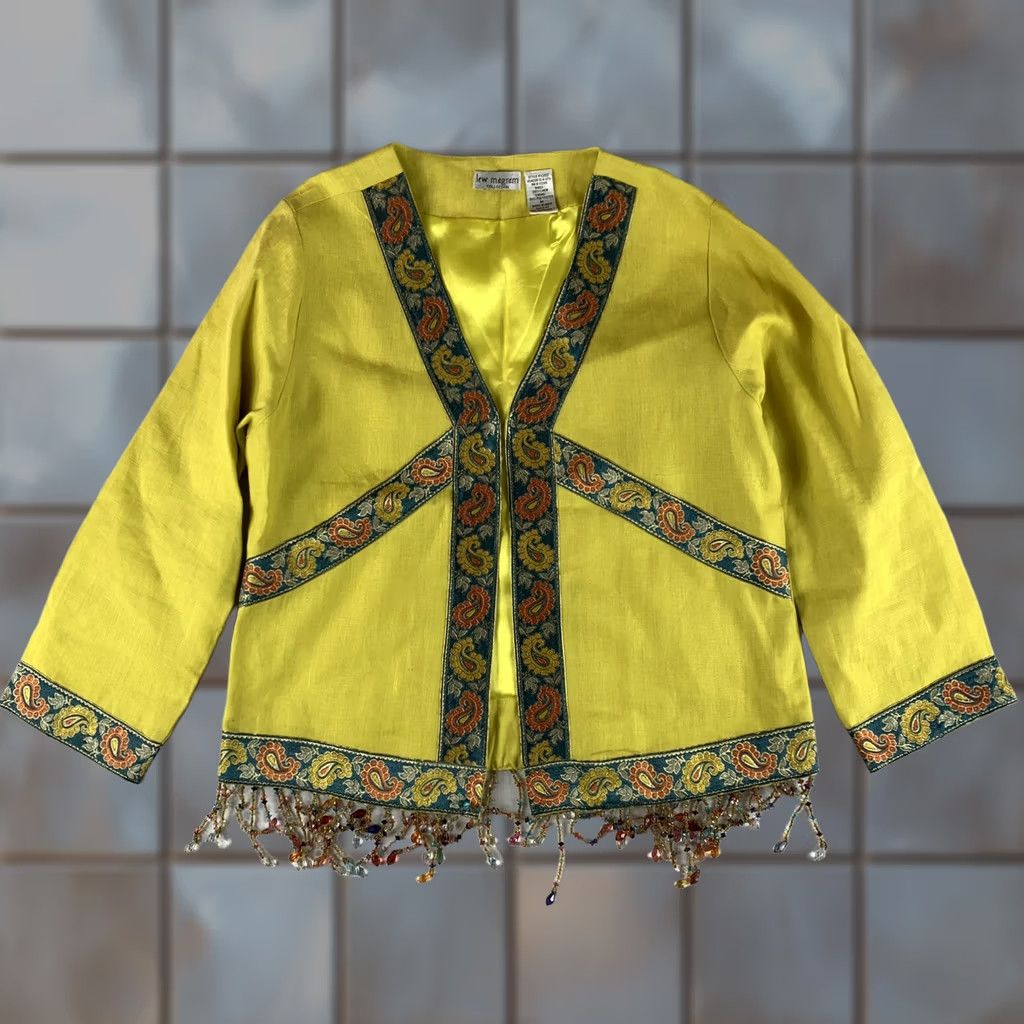 Vintage Lew Magram Blouse Womens Medium Yellow Linen Paisley Beaded Embroidered Tapestry Classic All Seasons V-Neck Long Sleeve Cap Sleeve Buckle Size M / US 6-8 / IT 42-44 - 1 Thumbnail