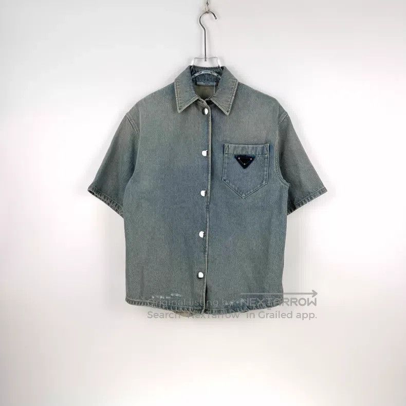 Prada Prada Lightly washed blue metal triangle logo short-sleeve Size US XXS / EU 40 - 3 Thumbnail
