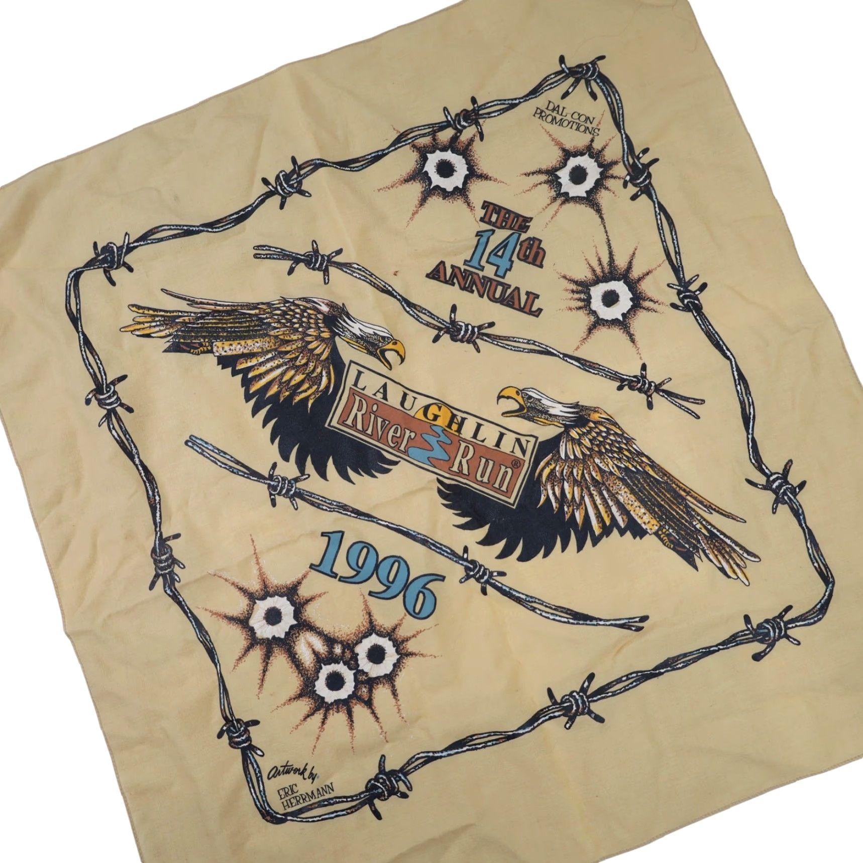 Vintage VINTAGE 1996 Laughlin River Run Motorcycle Rally Graphic Bandana Kerchief Yellow Unisex 20" Bandana Mens Womens Boys Girls Size ONE SIZE - 2 Thumbnail