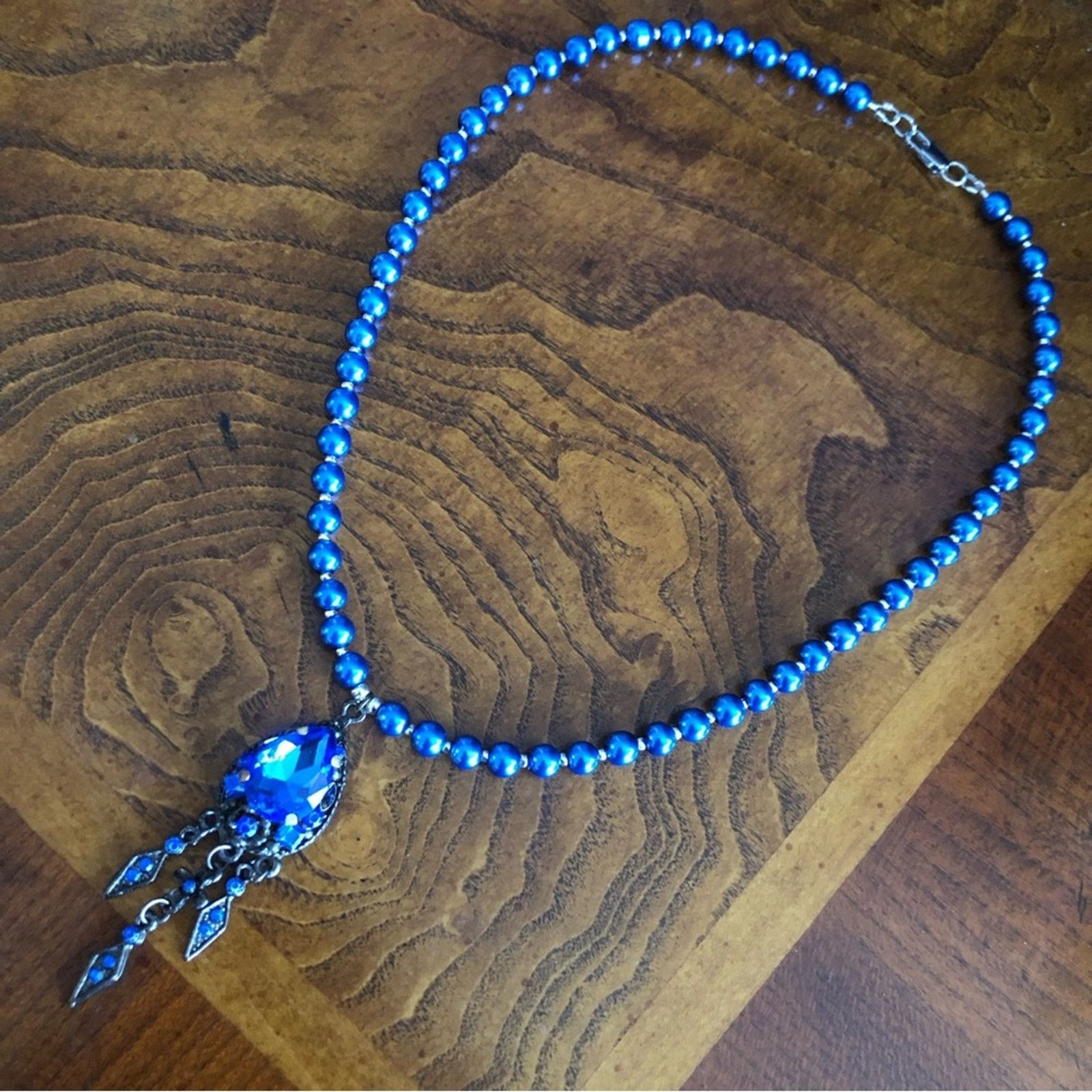 Handmade Handcrafted repurpose royal blue pendant Pearl necklace Size ONE SIZE - 10 Thumbnail