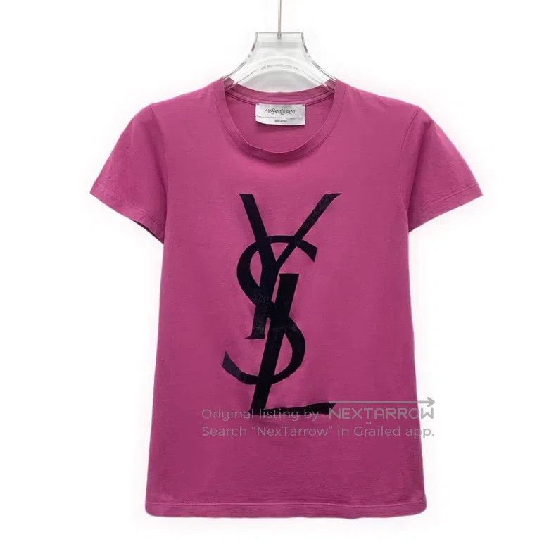 Saint Laurent Paris Saint Laurent Paris Pink Logo Printed Cotton Crew Neck Sho Size US XXS / EU 40 - 1 Thumbnail