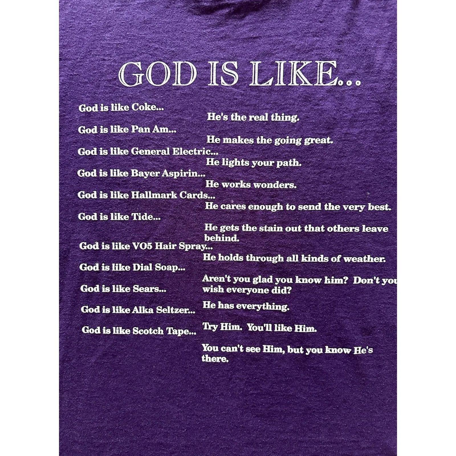 Vintage VINTAGE 80s God Is Like… Bible Jesus Tee Shirt Mens Large Purple Cotton Screen Stars Short Sleeve Crew Neck Double Sided Graphic 90s USA Mens Size US L / EU 52-54 / 3 - 3 Thumbnail