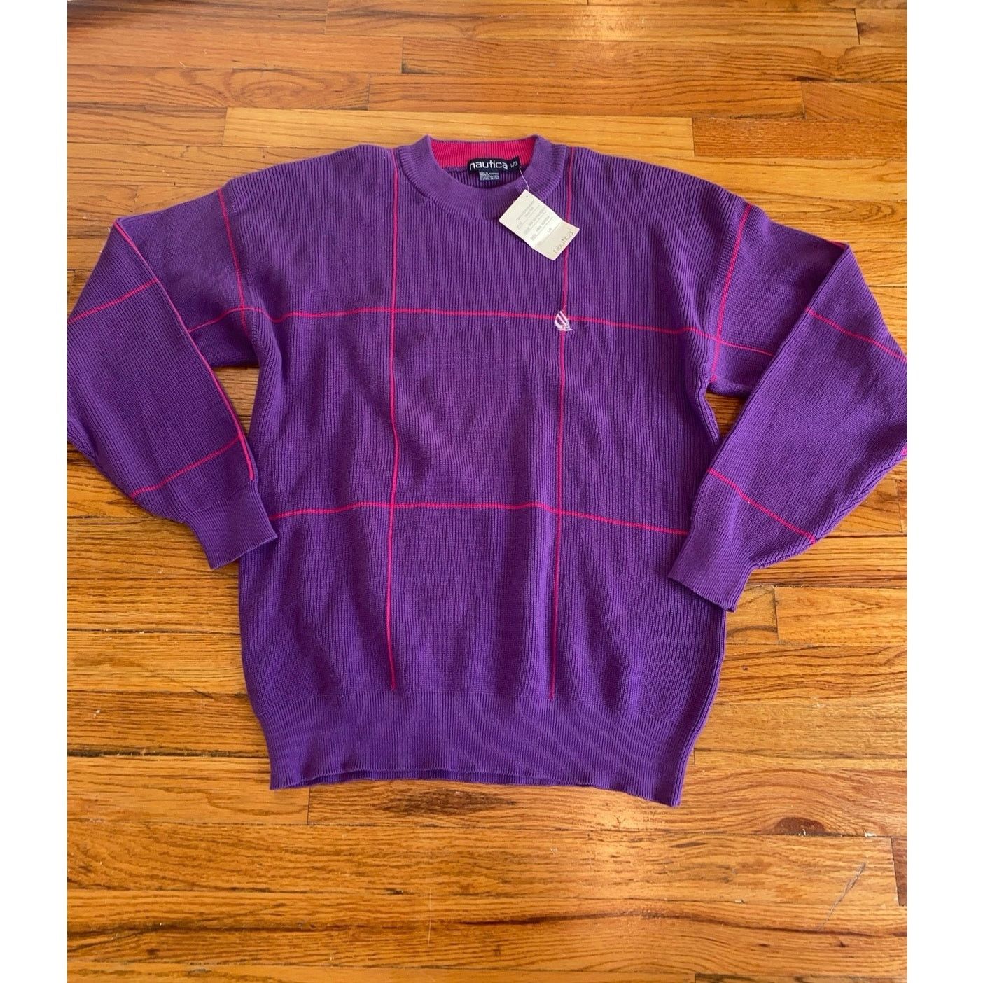 Nautica × Vintage Rare vtg Nautica windowpane sweater size L purple/pink NWT Size US L / EU 52-54 / 3 - 1 Thumbnail