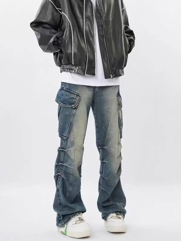 VIBE Retro washed distressed multi-pocket pleated work jeans Size US 32 / EU 48 - 4 Thumbnail