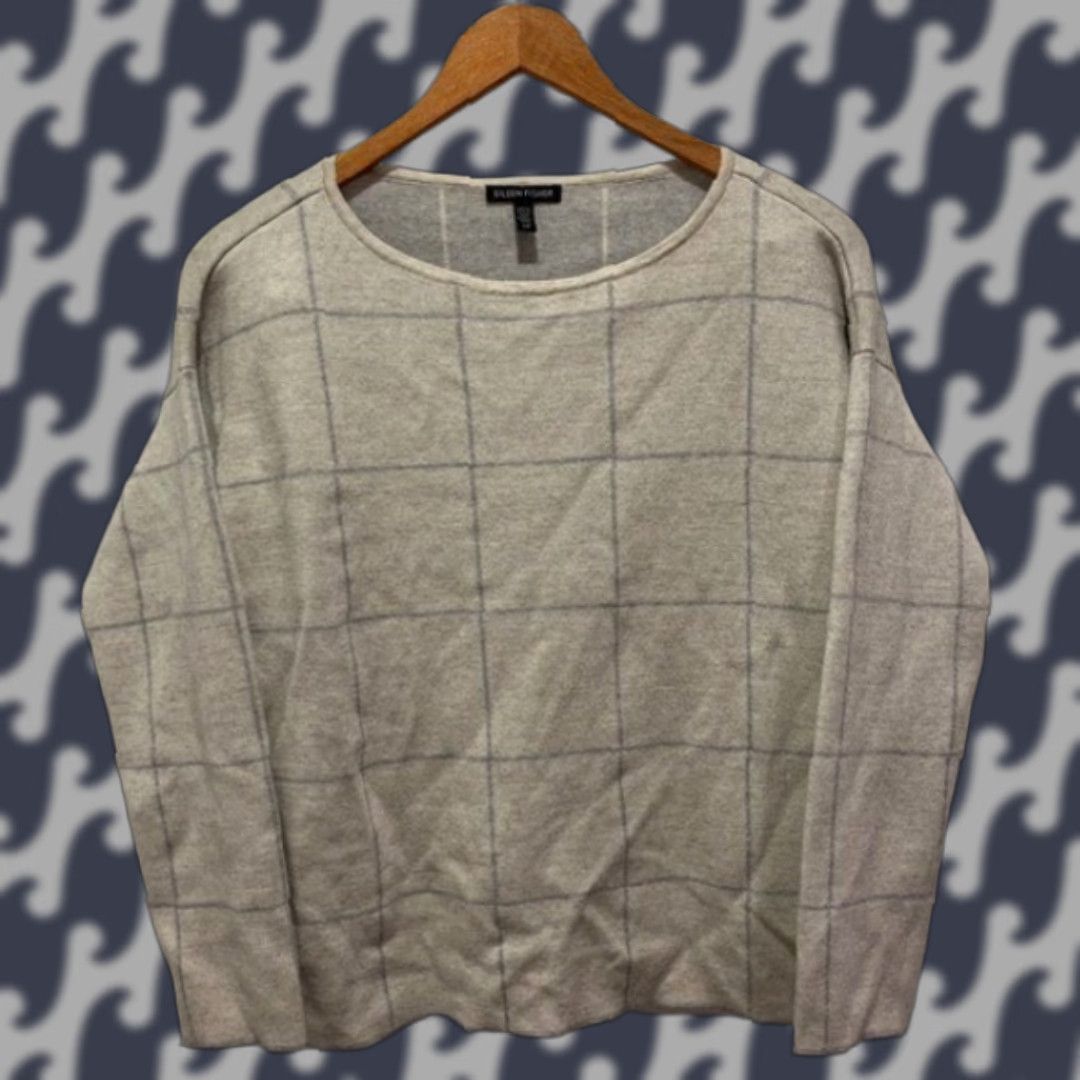 Eileen Fisher VINTAGE Eileen Fisher Sweater Shirt Womens S Merino Wool Plaid Knit Crew Neck Long Sleeve Oversized Light Gray Fall Winter Spring Casual Chic Size S / US 4 / IT 40 - 1 Thumbnail